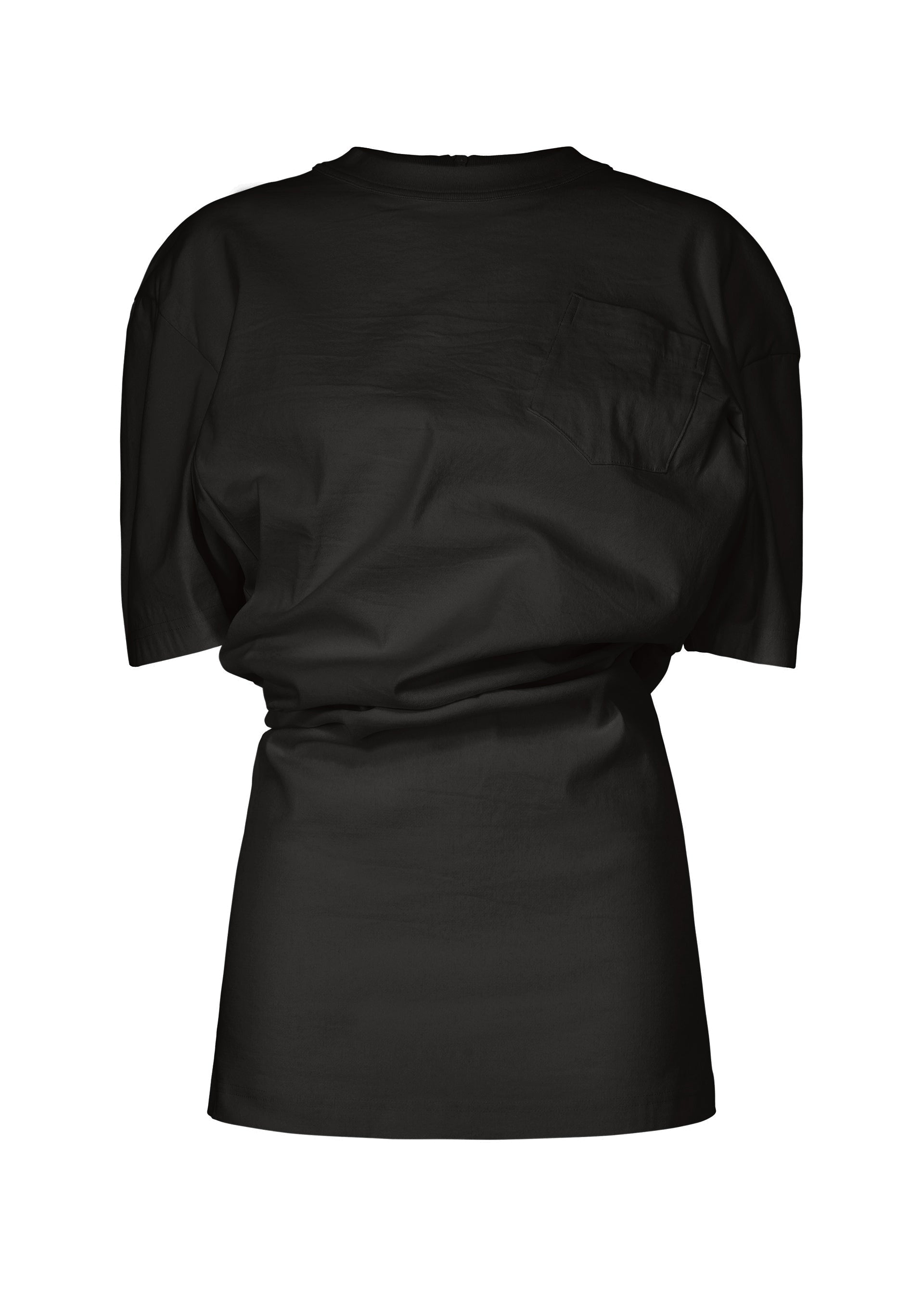 Zoomed view The ISSEY MIYAKE GENERIC WEAR is a plain black short-sleeve round-neck top with a small chest pocket and playful design, shown on a white background. - BLACK （no.15）