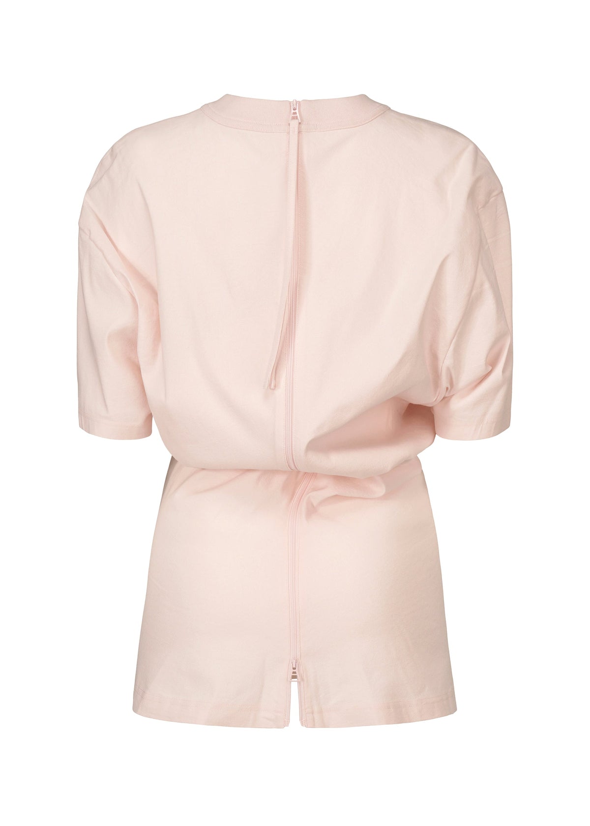 Back view of the GENERIC WEAR romper by ISSEY MIYAKE in light pink, featuring a high round neckline, visible center zipper, and a relaxed fit with playful design. view 4 of 11