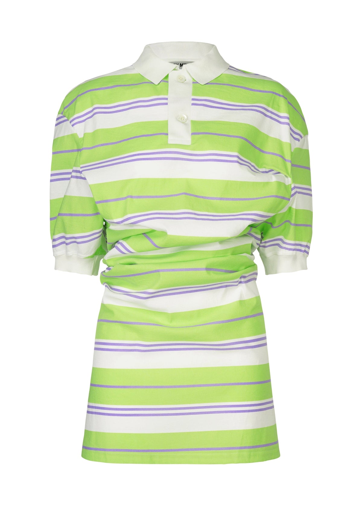 The ISSEY MIYAKE GENERIC WEAR: STRIPES polo dress has short sleeves, green-white-purple horizontal stripes, a white collar, button placket, and cinched waist—giving a lively update to the classic striped polo style. view 1 of 9