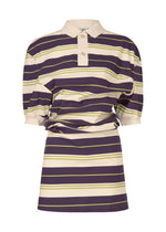 The ISSEY MIYAKE GENERIC WEAR: STRIPES dress transforms the classic striped polo shirt with wide purple, cream, and light green stripes, a collared short-sleeve design, button-up placket, and ribbed cuffs for an unconventional look. - PURPLE-HUED （no.86）