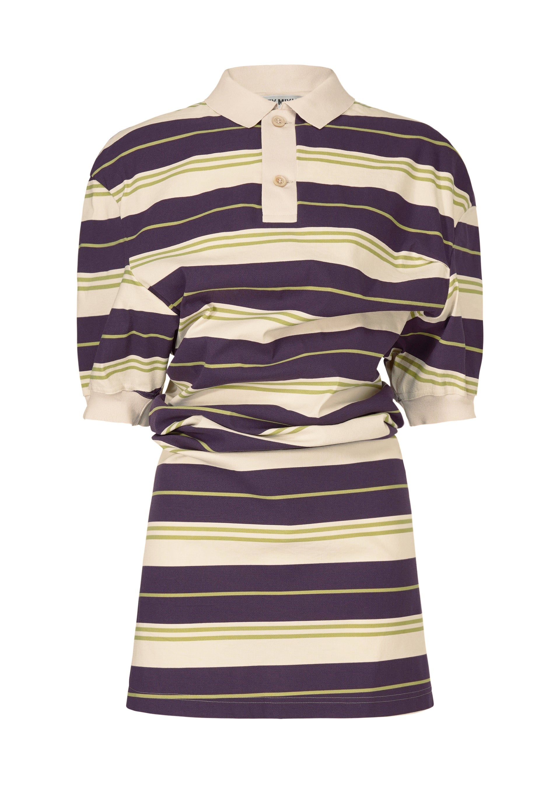 Zoomed view The ISSEY MIYAKE GENERIC WEAR: STRIPES dress transforms the classic striped polo shirt with wide purple, cream, and light green stripes, a collared short-sleeve design, button-up placket, and ribbed cuffs for an unconventional look. - PURPLE-HUED （no.86）
