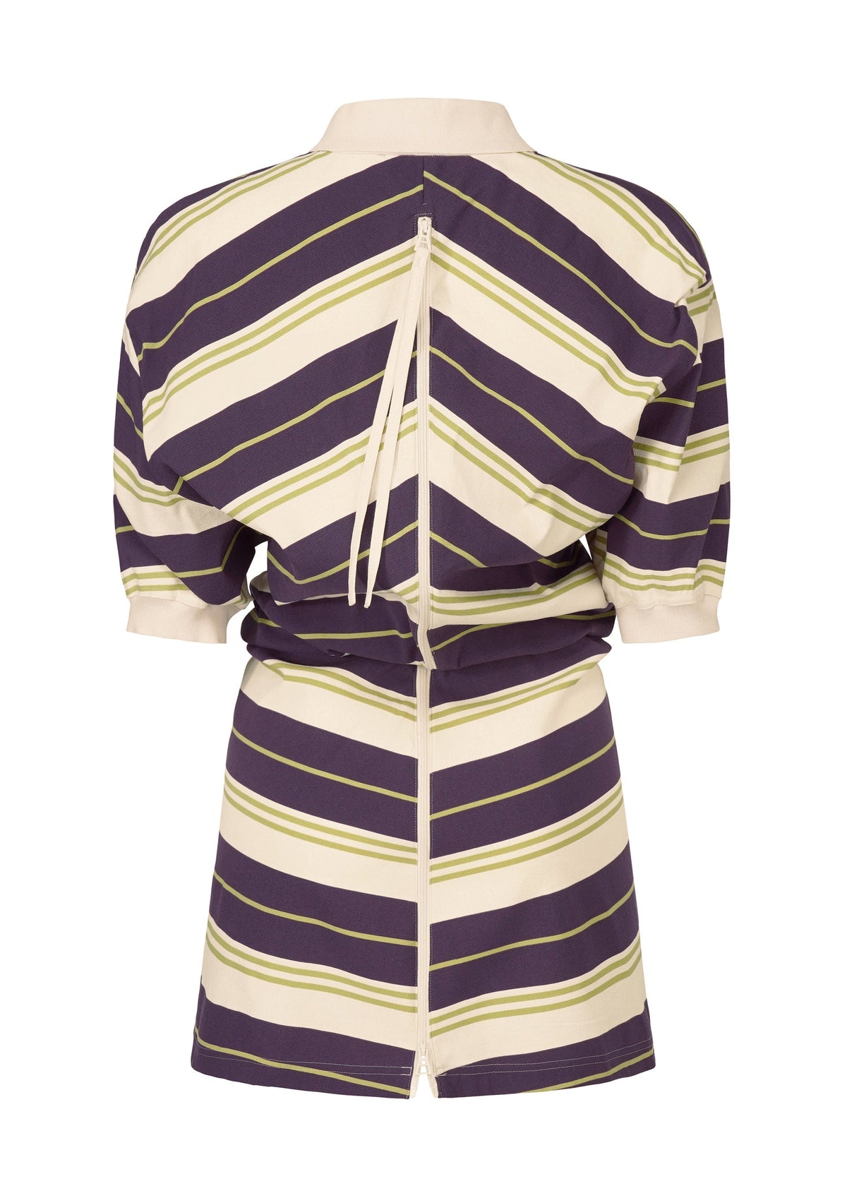 The ISSEY MIYAKE GENERIC WEAR: STRIPES tunic features cream, purple, and olive green diagonal stripes, a cream collar, back zipper with neck tie, slightly cinched waist, and mid-thigh hem for a modern twist. view 3 of 9
