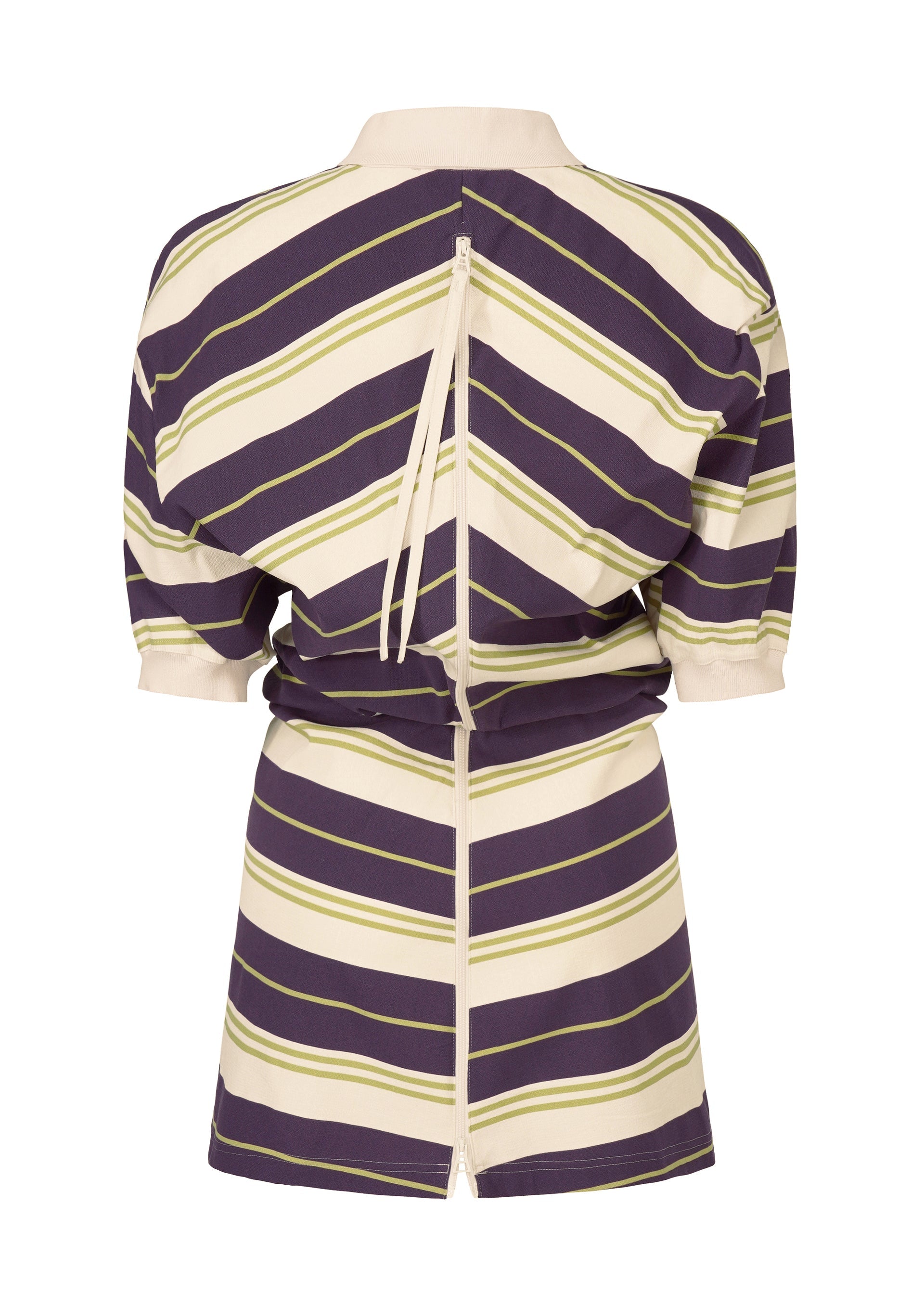 Zoomed view The ISSEY MIYAKE GENERIC WEAR: STRIPES tunic features cream, purple, and olive green diagonal stripes, a cream collar, back zipper with neck tie, slightly cinched waist, and mid-thigh hem for a modern twist.