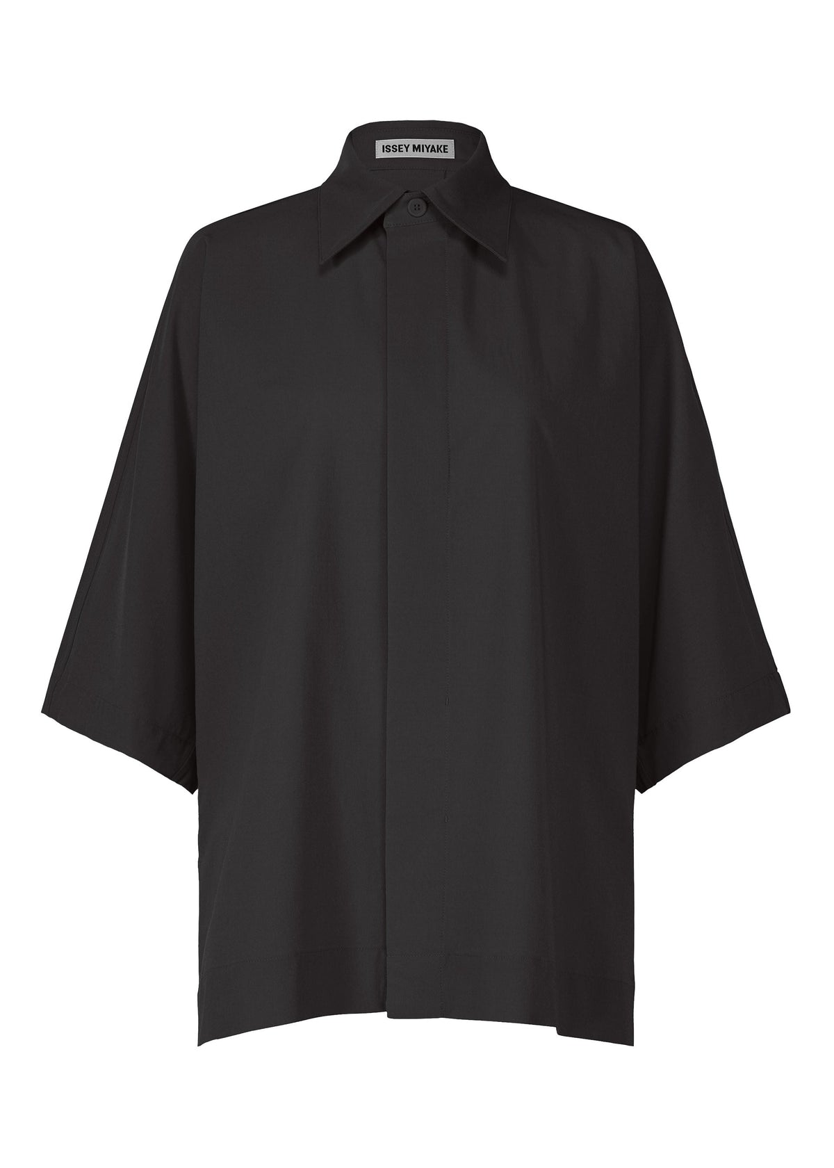 The ISSEY MIYAKE LOOPED is a loose-fitting, short-sleeved black button-up shirt with a pointed collar and straight hem, crafted from stretch fabric. view 1 of 7