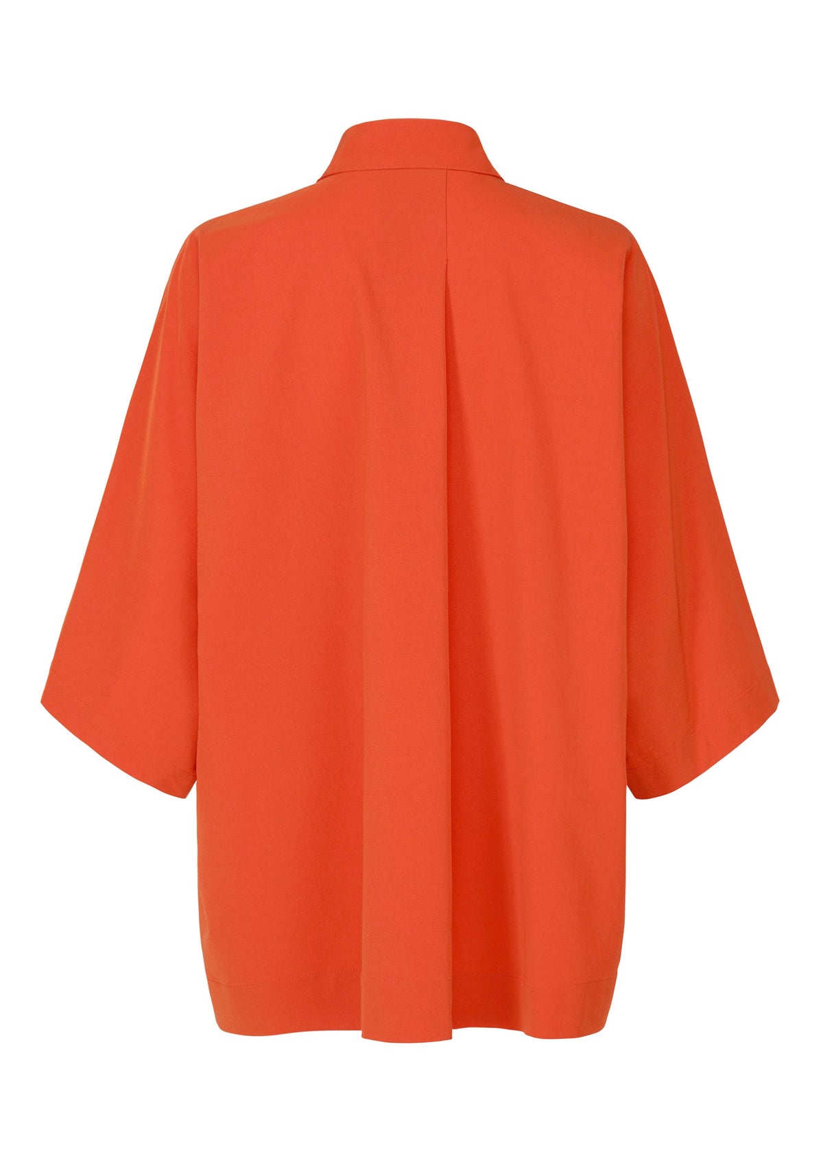 The LOOPED blouse by ISSEY MIYAKE is a loose-fitting, long-sleeved orange shirt with a boxy silhouette, central pleat, regular collar, and wide sleeves. Shown from the back, it features a playful design. view 3 of 7