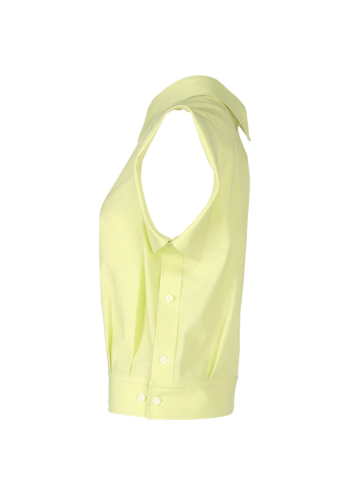 ODD SHIRT 2 by ISSEY MIYAKE: sleeveless, pale yellow button-down with collar, made from high-twist cotton voile for versatile styling. Side view shown against a white background. view 3 of 8