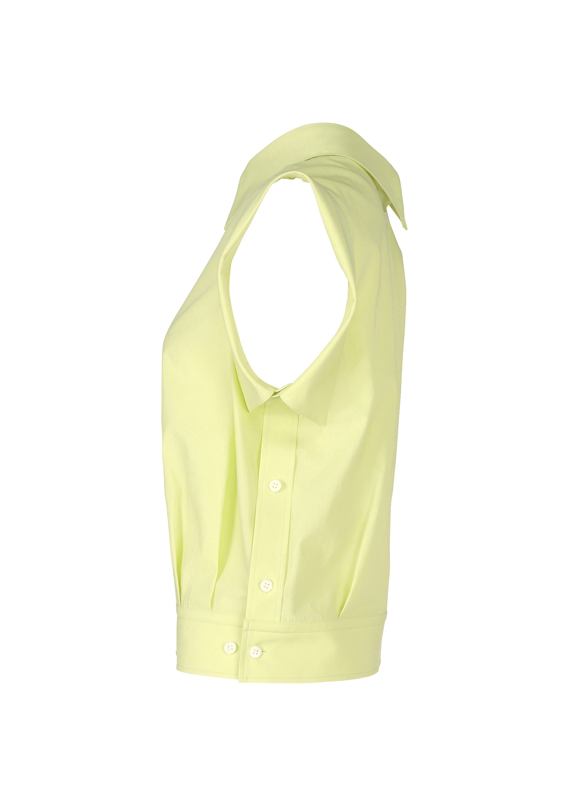 Zoomed view ODD SHIRT 2 by ISSEY MIYAKE: sleeveless, pale yellow button-down with collar, made from high-twist cotton voile for versatile styling. Side view shown against a white background.