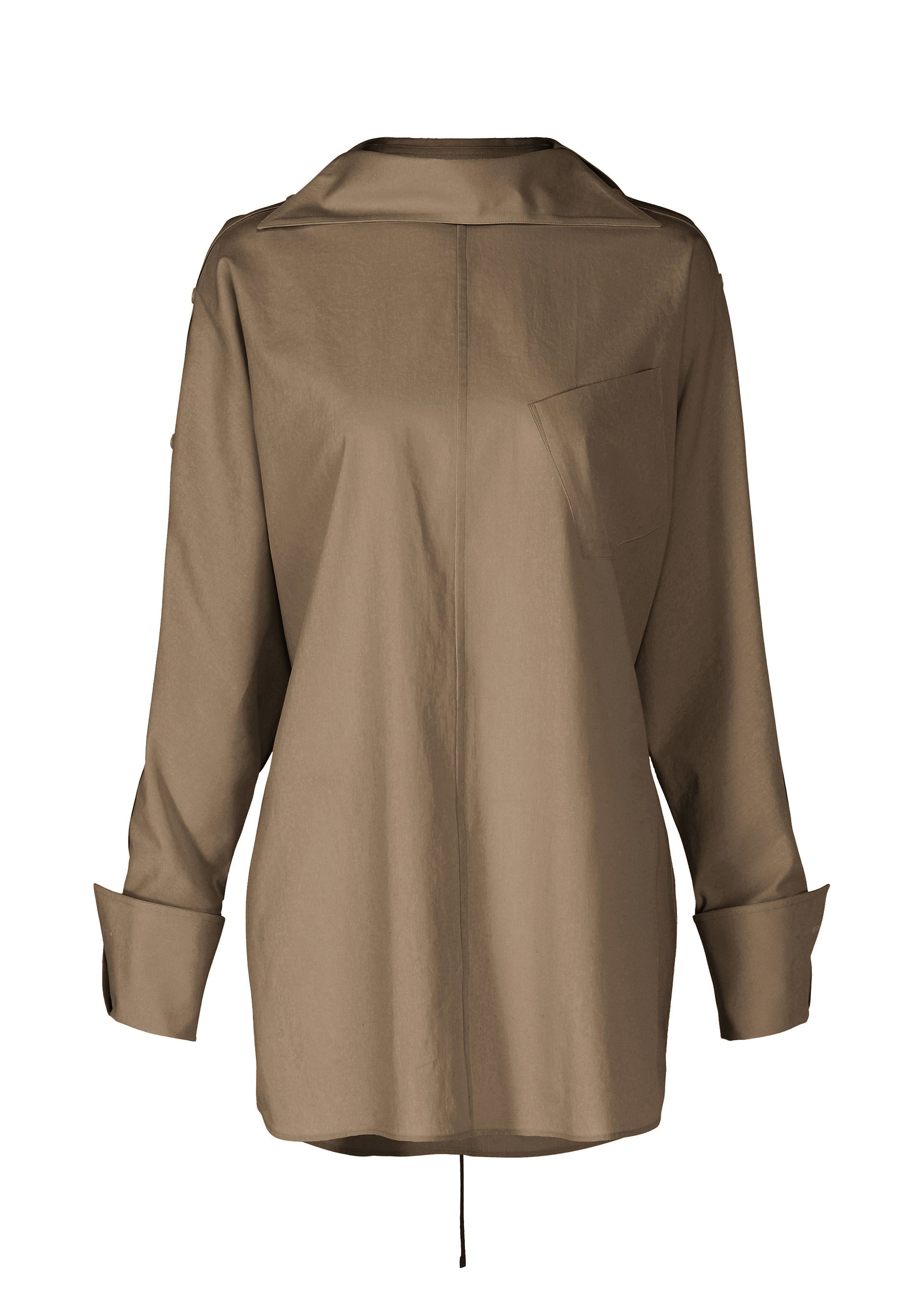Zoomed view The ODD SHIRT 2 by ISSEY MIYAKE is a light brown, long-sleeve button-up blouse in high-twist cotton voile, featuring a chest pocket, folded cuffs, and a loose fit, shown on a plain white background. - DARK BROWN （no.45）