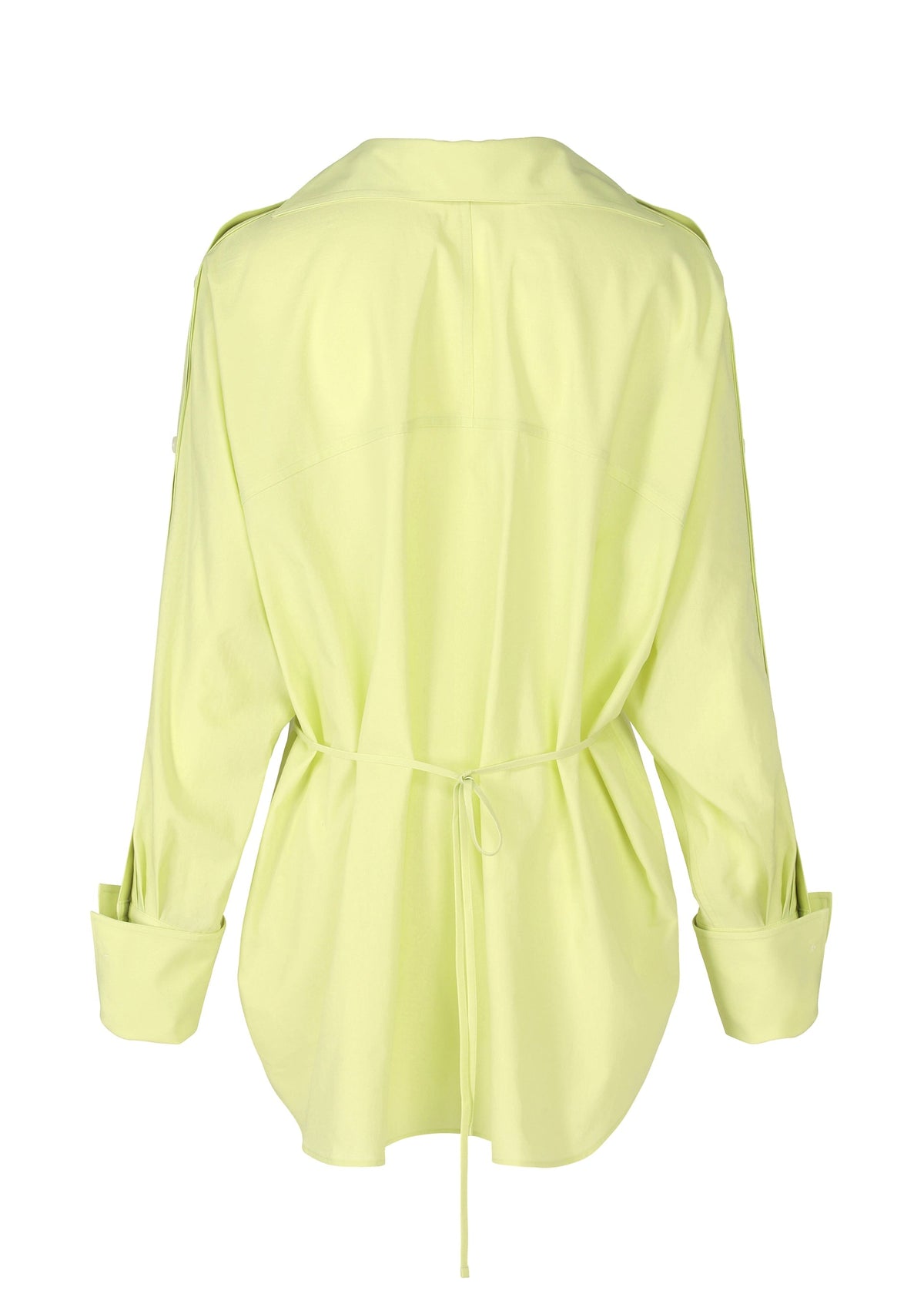 Back view of the ISSEY MIYAKE ODD SHIRT 2 in light yellow high-twist cotton voile, featuring a waist belt tie, loose fit, and folded cuffs for versatile styling. view 3 of 7