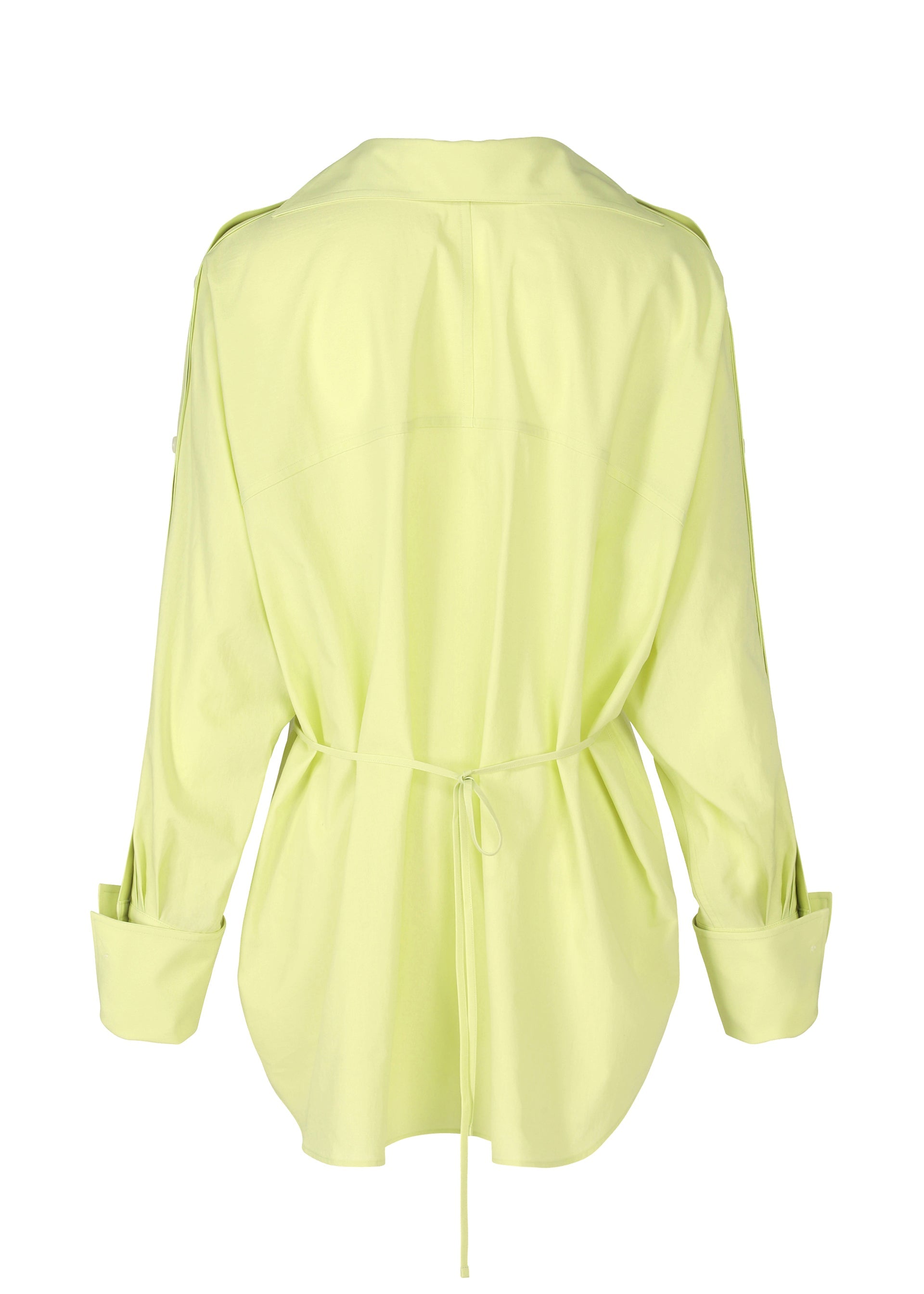 Zoomed view Back view of the ISSEY MIYAKE ODD SHIRT 2 in light yellow high-twist cotton voile, featuring a waist belt tie, loose fit, and folded cuffs for versatile styling.