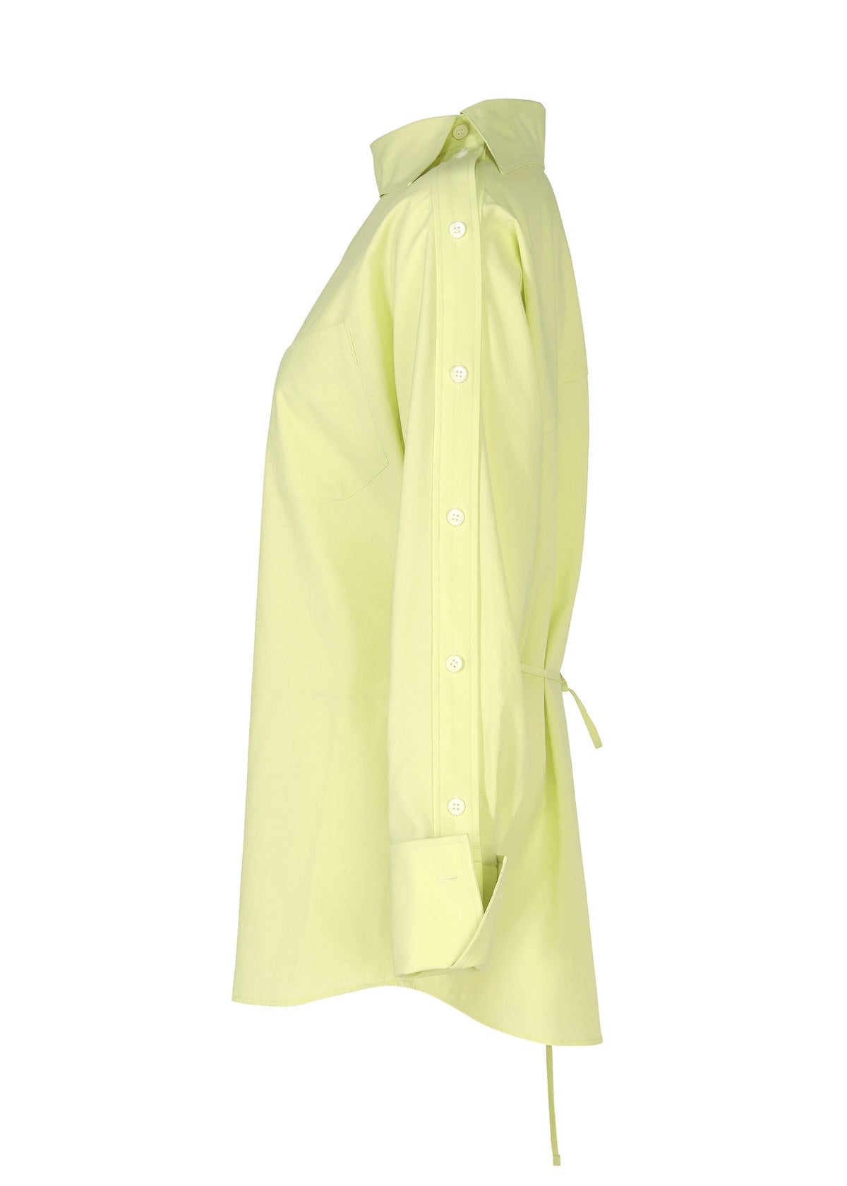 A side view of the ODD SHIRT 2 by ISSEY MIYAKE, a light yellow high-twist cotton voile long-sleeve button-up with pointed collar, large cuffs, and waist tie detail, displayed on a white background for versatile styling. view 4 of 7