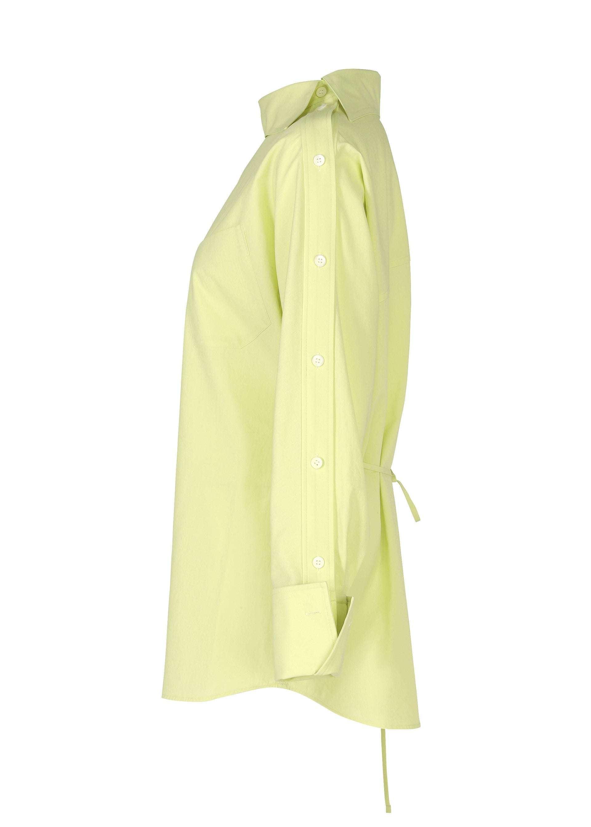 Zoomed view A side view of the ODD SHIRT 2 by ISSEY MIYAKE, a light yellow high-twist cotton voile long-sleeve button-up with pointed collar, large cuffs, and waist tie detail, displayed on a white background for versatile styling.