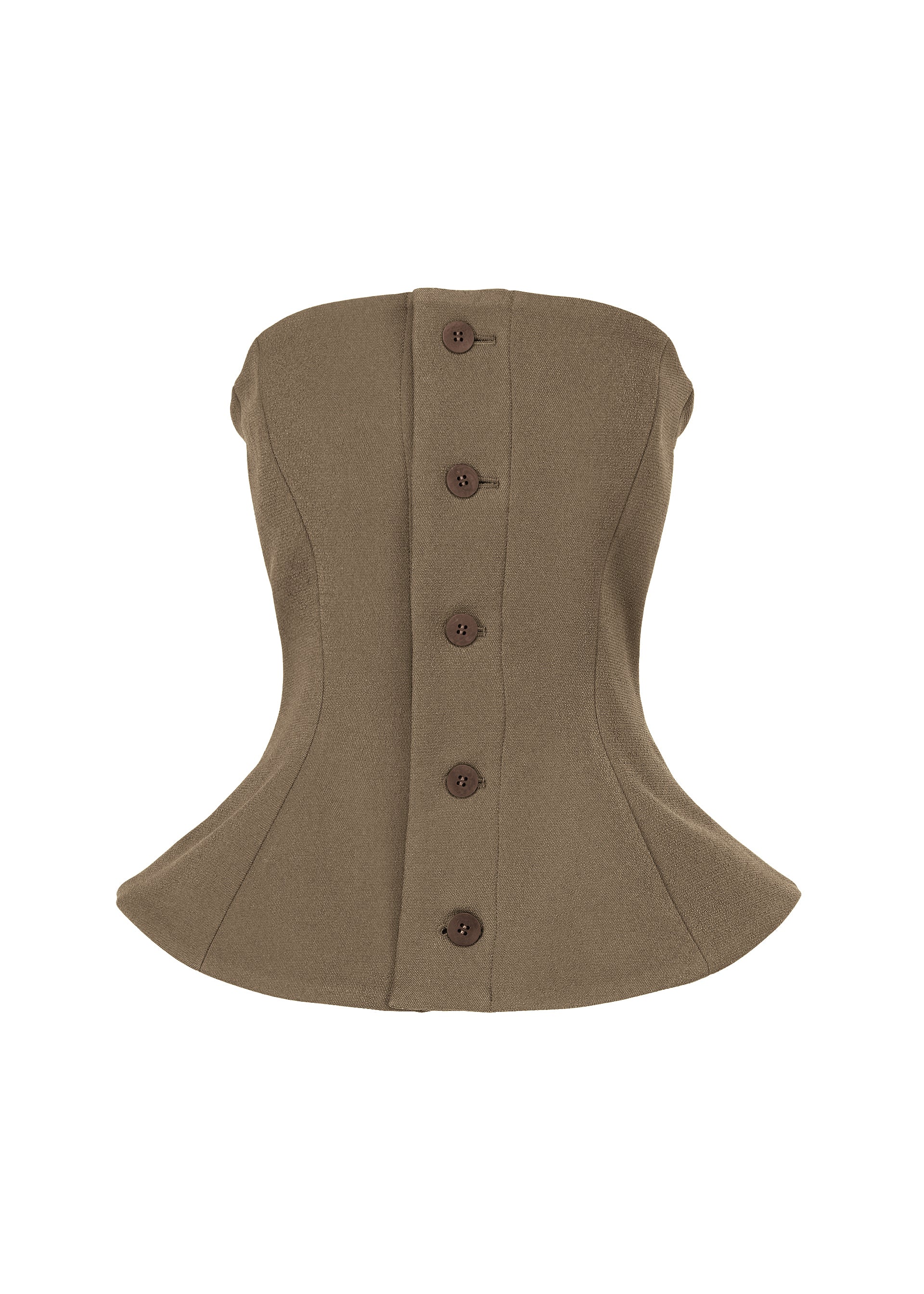 Zoomed view The ARMS bustier corset by ISSEY MIYAKE features a brown, strapless, hourglass silhouette with five large front buttons. Its structured fabric is tailored to a curved waist and flares gently at the bottom hem. - DARK BROWN (no.45)