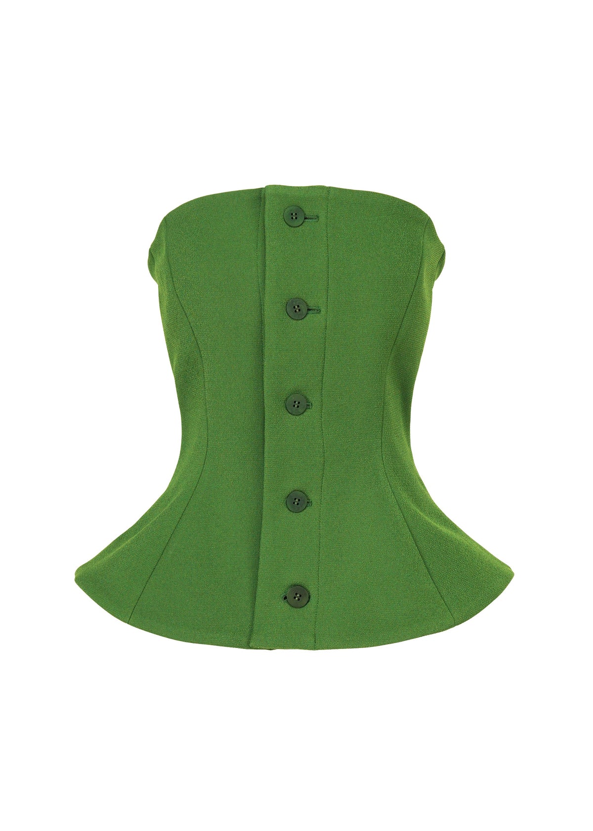 The ARMS top by ISSEY MIYAKE is a green strapless bustier with a curved waist, flared hem, and five black front buttons, shown on a white background. view 1 of 7