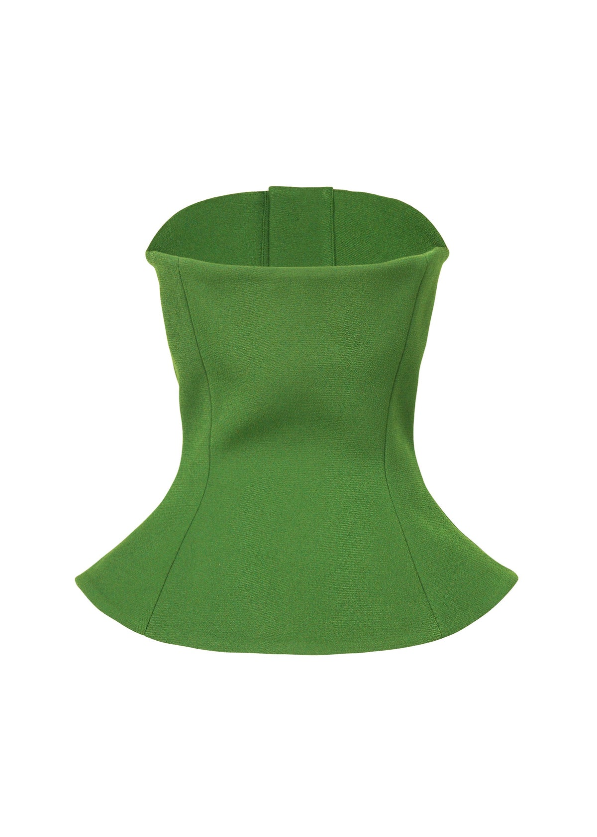 The ARMS by ISSEY MIYAKE is a structured, strapless green bustier top with a flared hem, fitted curved waist, and stretch fabric for a flattering corset-inspired silhouette. view 2 of 7