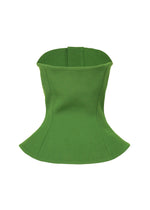 The ARMS by ISSEY MIYAKE is a structured, strapless green bustier top with a flared hem, fitted curved waist, and stretch fabric for a flattering corset-inspired silhouette.
