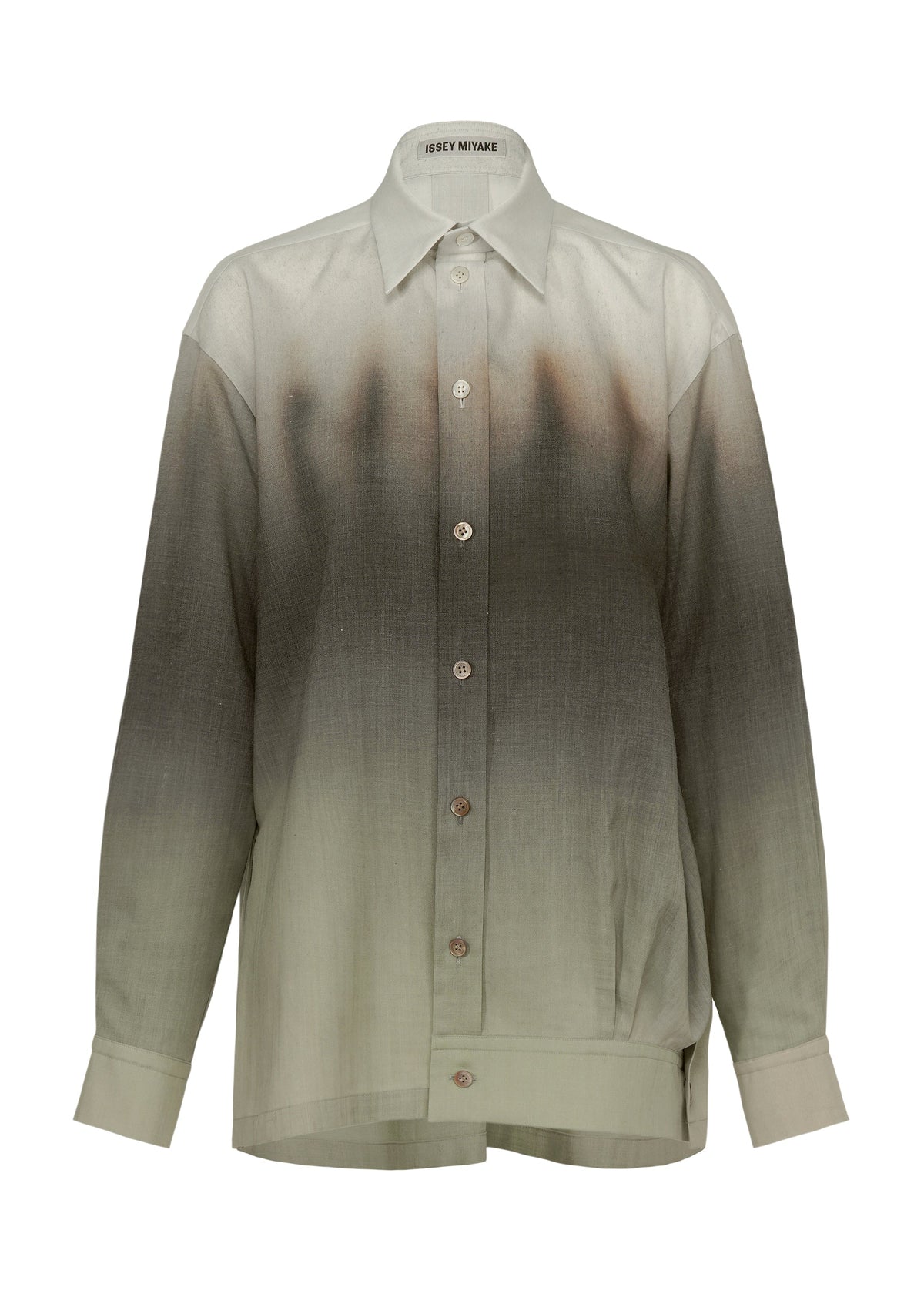 The ISSEY MIYAKE PLUMAGE shirt is a long-sleeve, collared button-up featuring a gradient feather pattern from light grey at the bottom to dark brown at the top. view 1 of 9