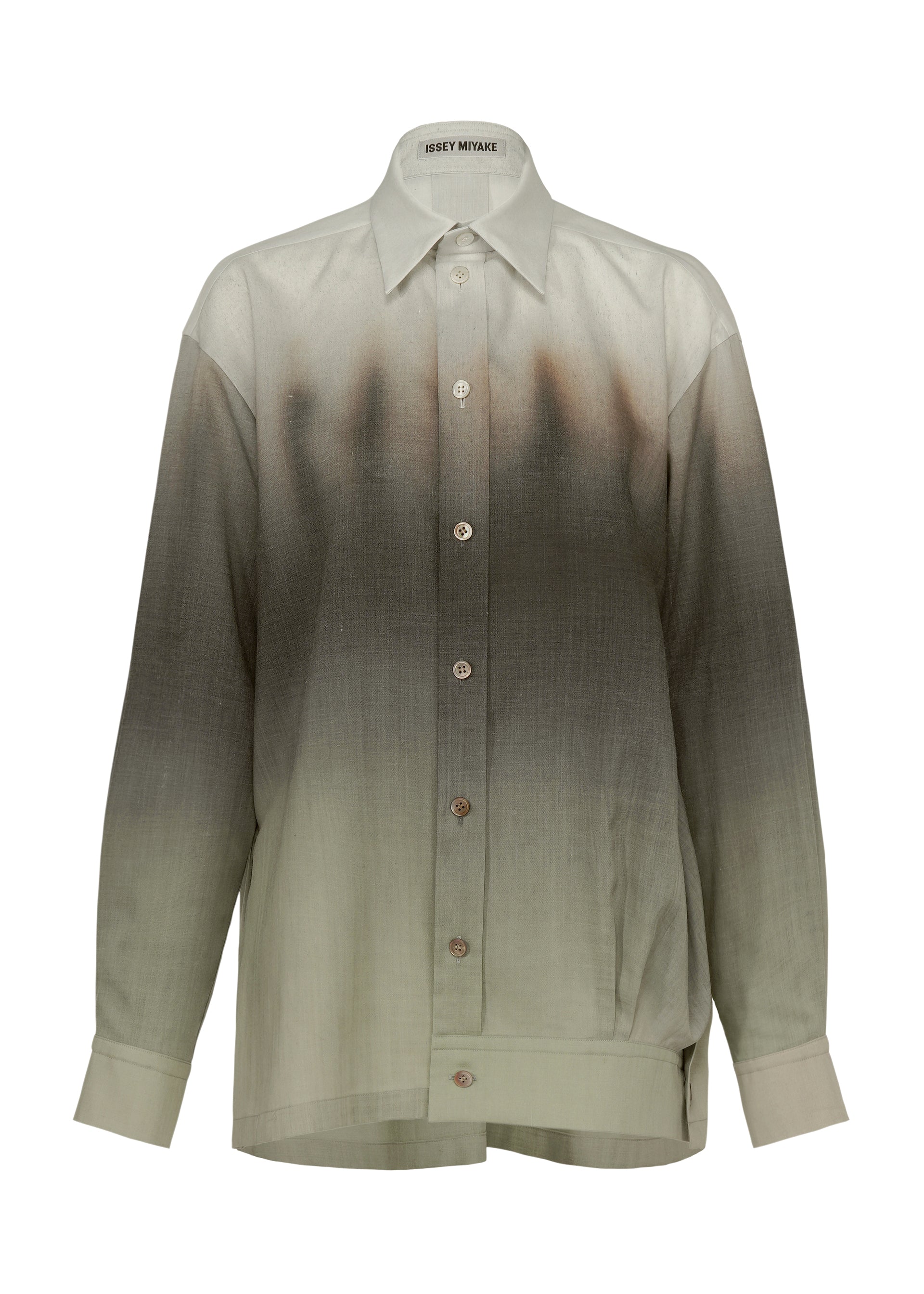 Zoomed view The ISSEY MIYAKE PLUMAGE shirt is a long-sleeve, collared button-up featuring a gradient feather pattern from light grey at the bottom to dark brown at the top. - CHUKAR （no.96）