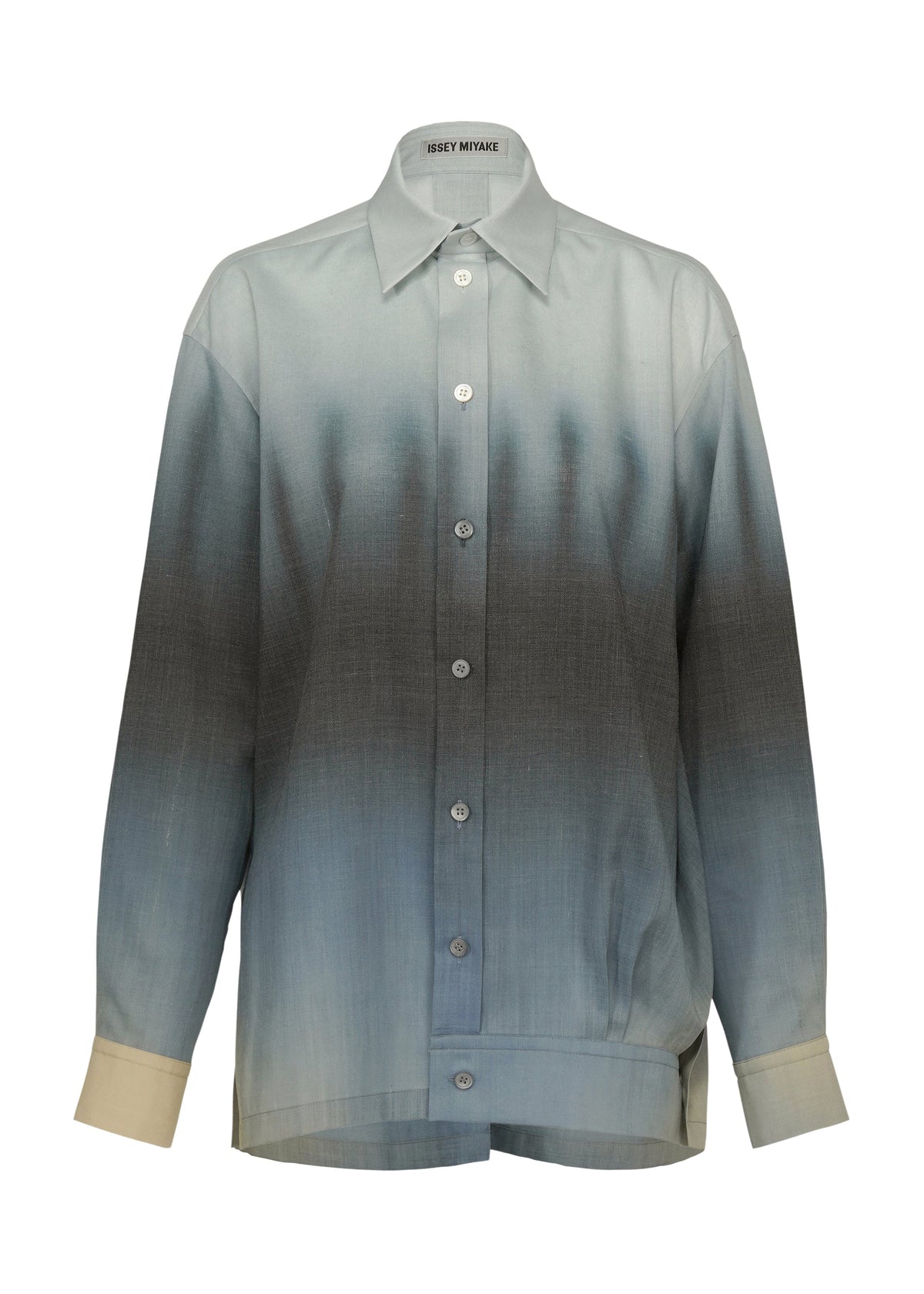 ISSEY MIYAKE's PLUMAGE is a collared, long-sleeve button-up shirt featuring a gradient feather design that transitions from light gray at the edges to dark gray and blue at the center. view 2 of 9