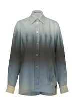 ISSEY MIYAKE's PLUMAGE is a collared, long-sleeve button-up shirt featuring a gradient feather design that transitions from light gray at the edges to dark gray and blue at the center. - STARLING （no.97）