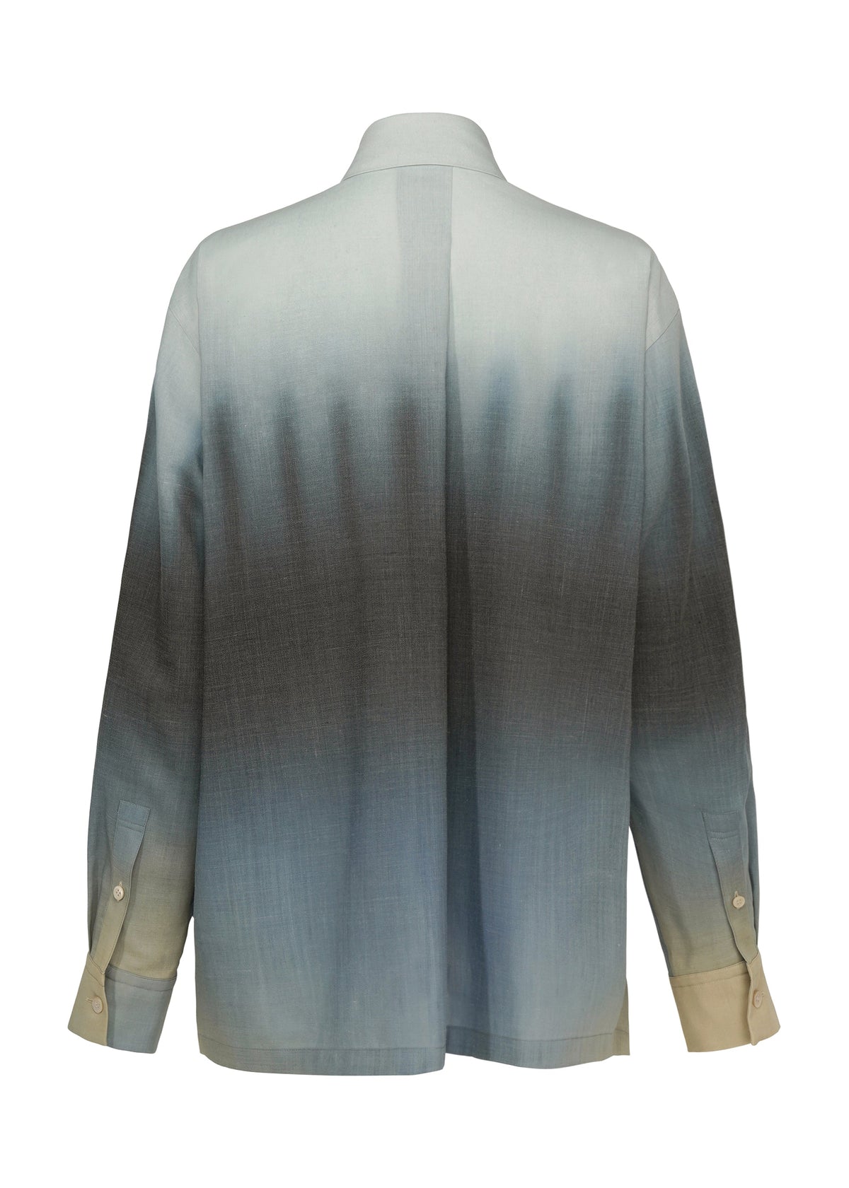 The back view of ISSEY MIYAKE's PLUMAGE shows a long-sleeve buttoned shirt featuring a gradient feather pattern that fades from light beige at the cuffs to dark gray, ending in light blue near the shoulders and upper back. view 3 of 9