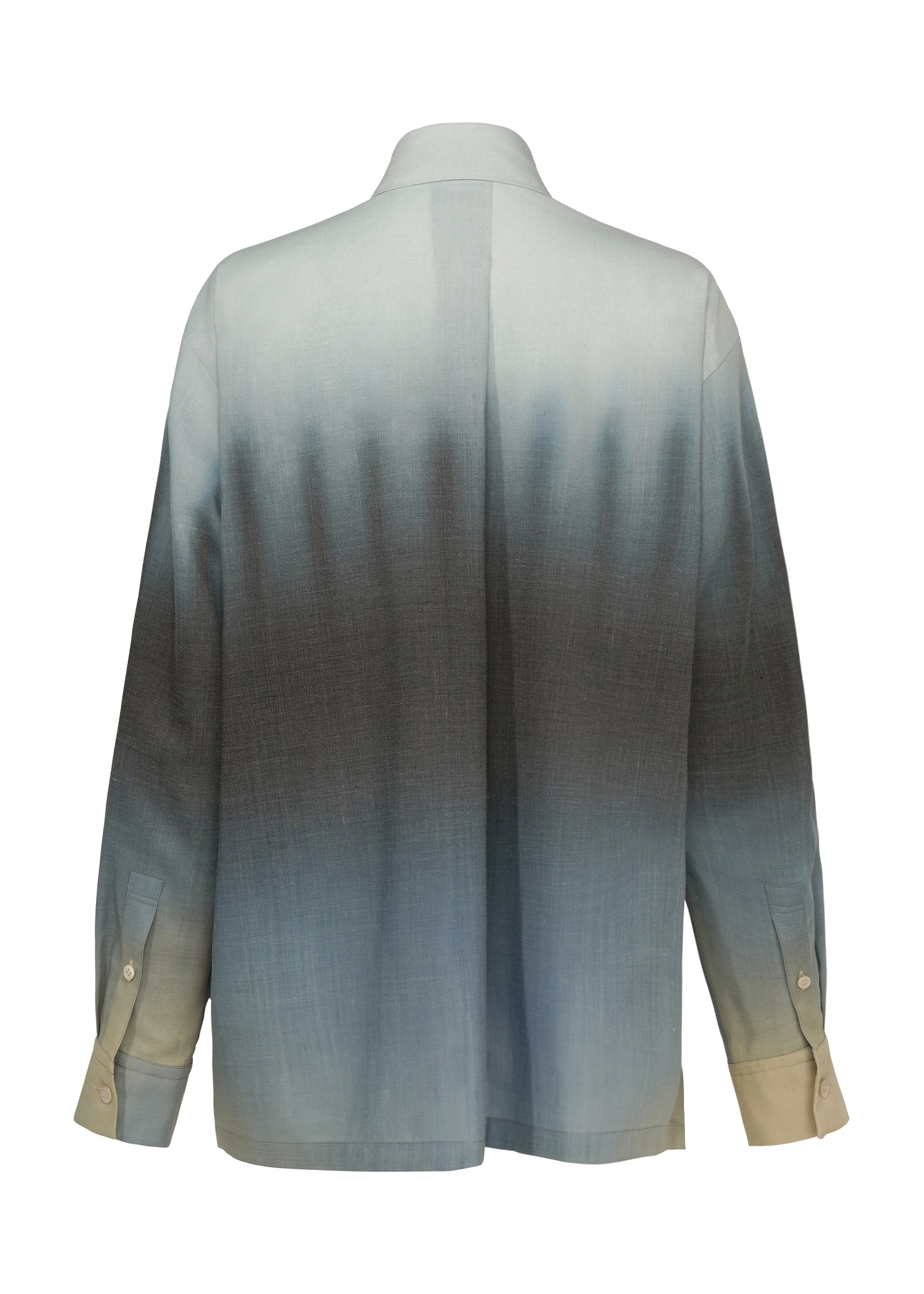 Zoomed view The back view of ISSEY MIYAKE's PLUMAGE shows a long-sleeve buttoned shirt featuring a gradient feather pattern that fades from light beige at the cuffs to dark gray, ending in light blue near the shoulders and upper back.