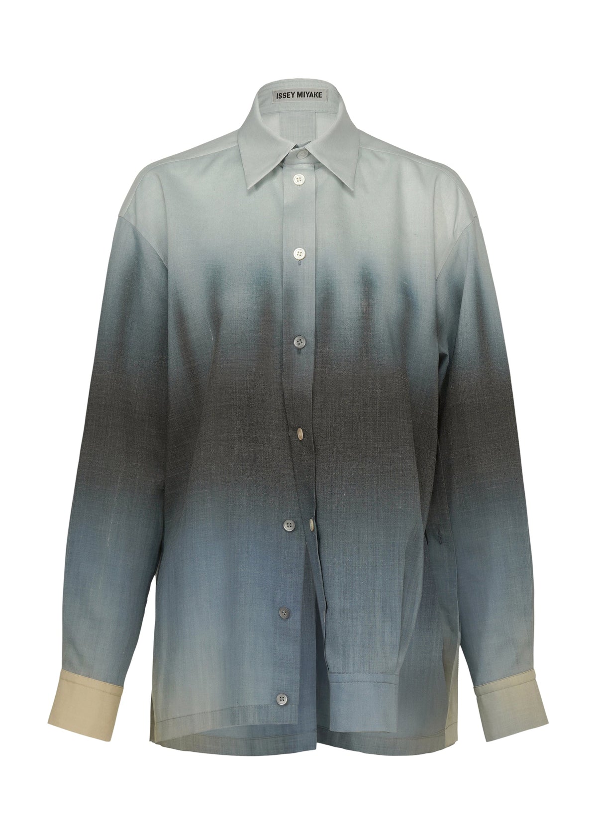 The ISSEY MIYAKE PLUMAGE is a long-sleeve button-up shirt featuring a Kyoto artisan gradient feather pattern, fading from light to dark gray and blue at the middle, with light cuffs and collar. The inner label reads ISSEY MIYAKE. view 4 of 9
