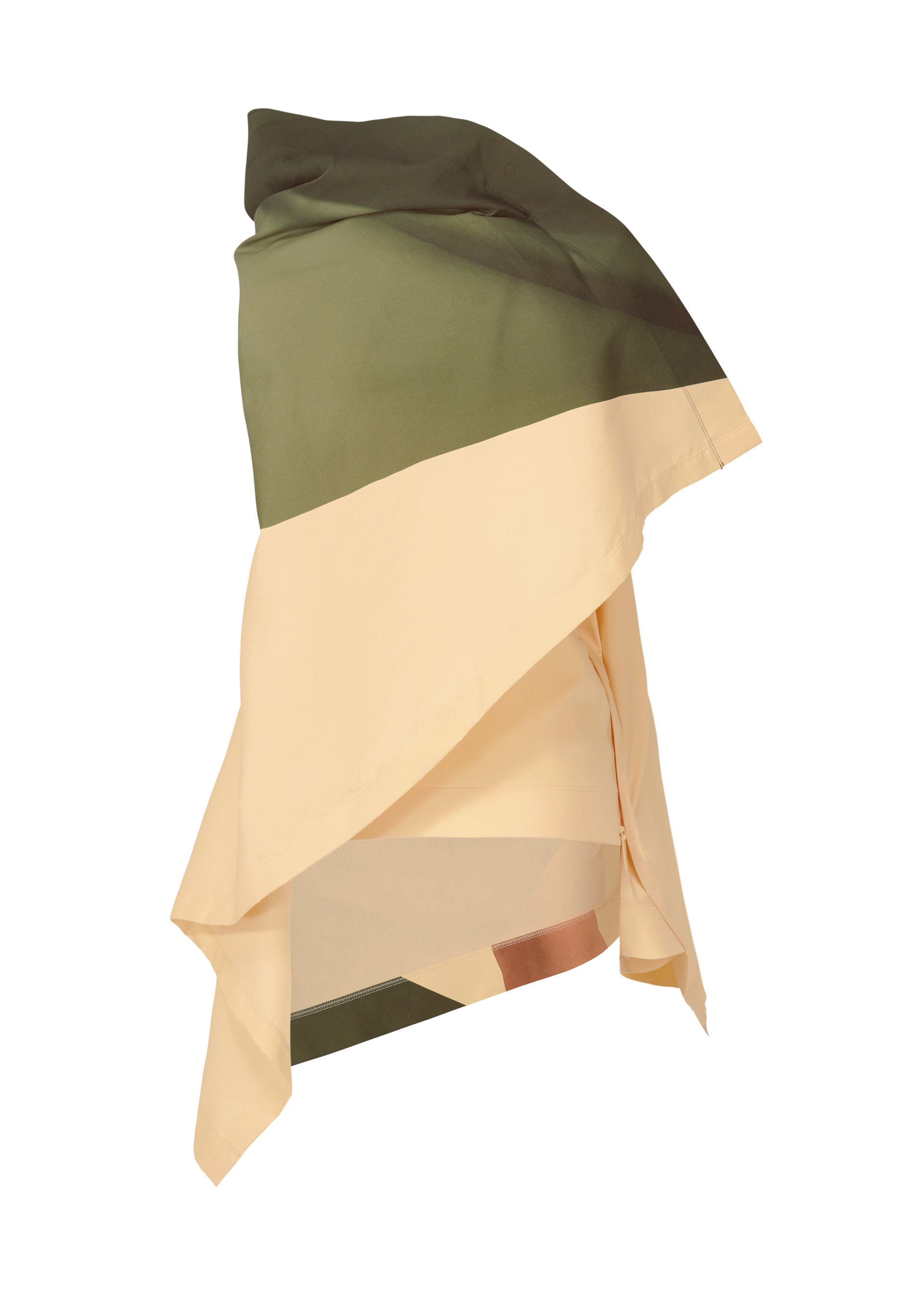 Zoomed view The ISSEY MIYAKE BODY AT PLAY top features a draped, asymmetrical sleeveless design in olive, beige, and light brown ribbed stretch fabric with layered folds, displayed against a white background.