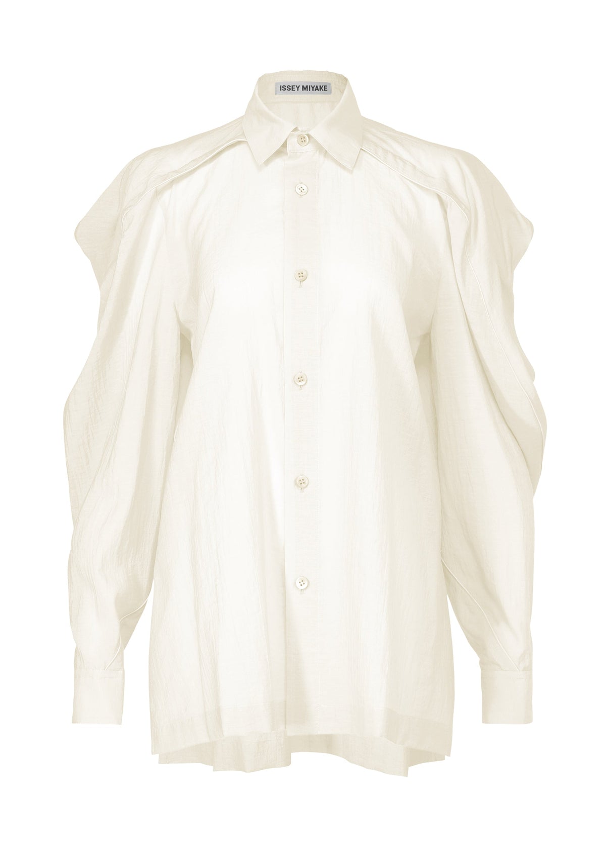 The ISSEY MIYAKE R SHIRT SHEER is a white, long-sleeved button-up with puffed sleeves, structured collar, and a light, sheer textured fabric. The label at the collar reads ISSEY MIYAKE. view 1 of 9