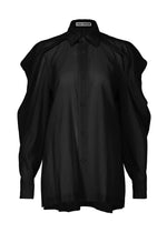 The ISSEY MIYAKE R SHIRT SHEER is a black, loose-fit, long-sleeve button-up with a collar and puffed sleeves. It features a tissue-like texture and is shown on a white background with the ISSEY MIYAKE label inside the collar. - BLACK （no.15）
