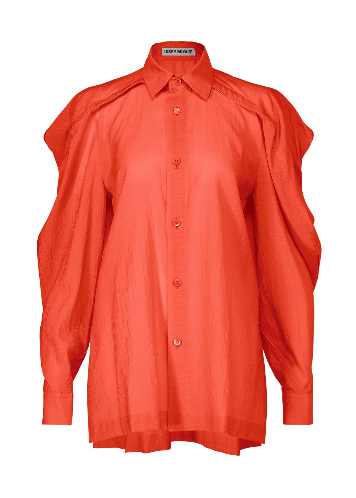 The ISSEY MIYAKE R SHIRT SHEER is a bright red, long-sleeve button-up with voluminous, pleated sleeves, unique draping, tissue-like sheer texture, and a structured collar. Brand label at neckline. view 3 of 9