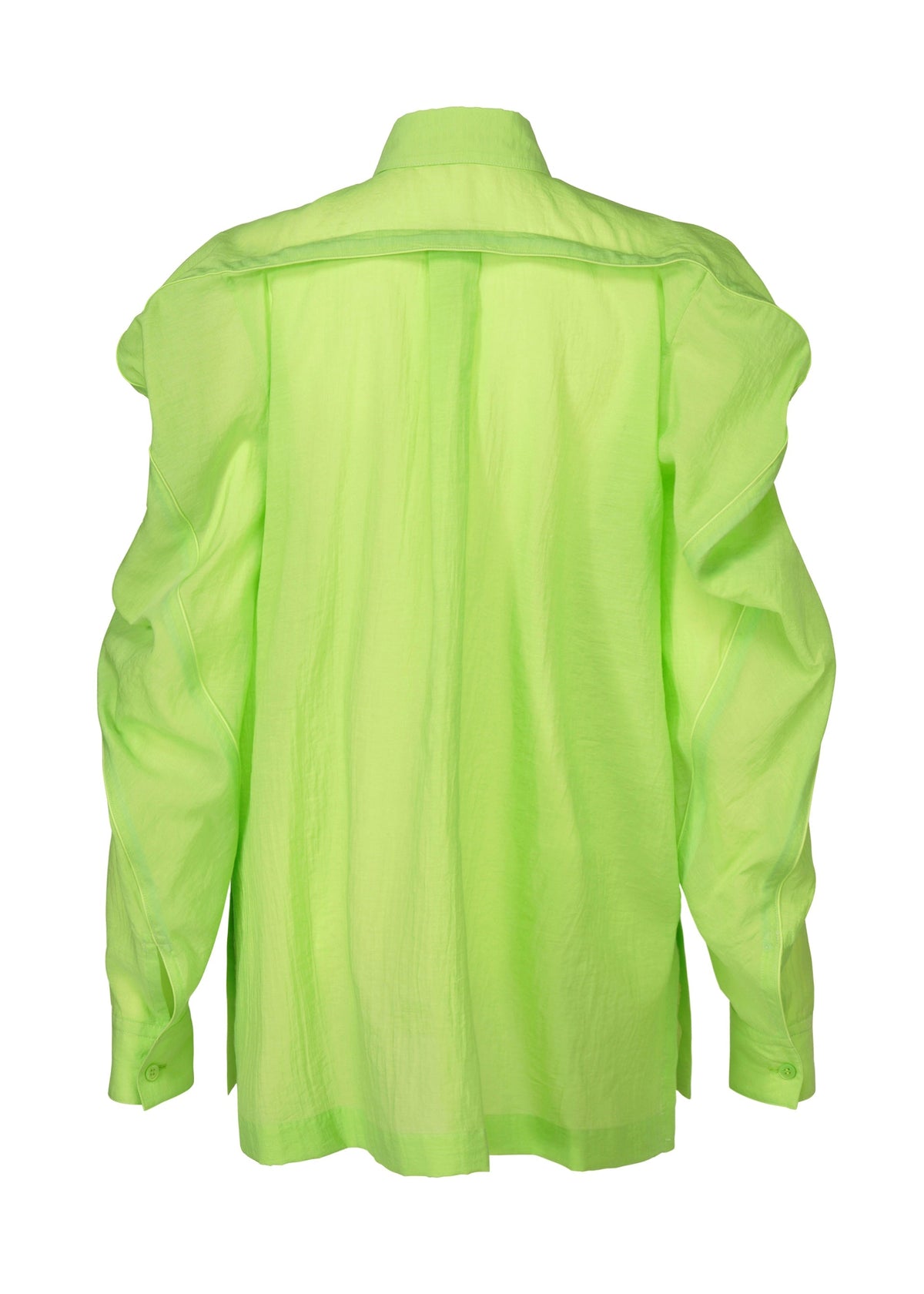 The ISSEY MIYAKE R SHIRT SHEER is a neon green, long-sleeve collared shirt shown from the back. Its lightweight blend of natural and synthetic fibers offers a tissue-like, slightly sheer texture with visible seams and a relaxed fit. view 4 of 9