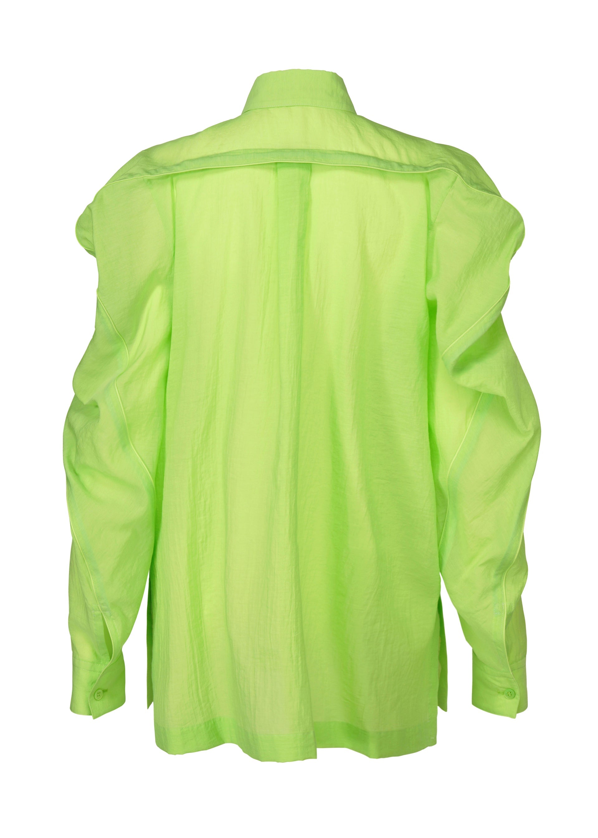 Zoomed view The ISSEY MIYAKE R SHIRT SHEER is a neon green, long-sleeve collared shirt shown from the back. Its lightweight blend of natural and synthetic fibers offers a tissue-like, slightly sheer texture with visible seams and a relaxed fit.