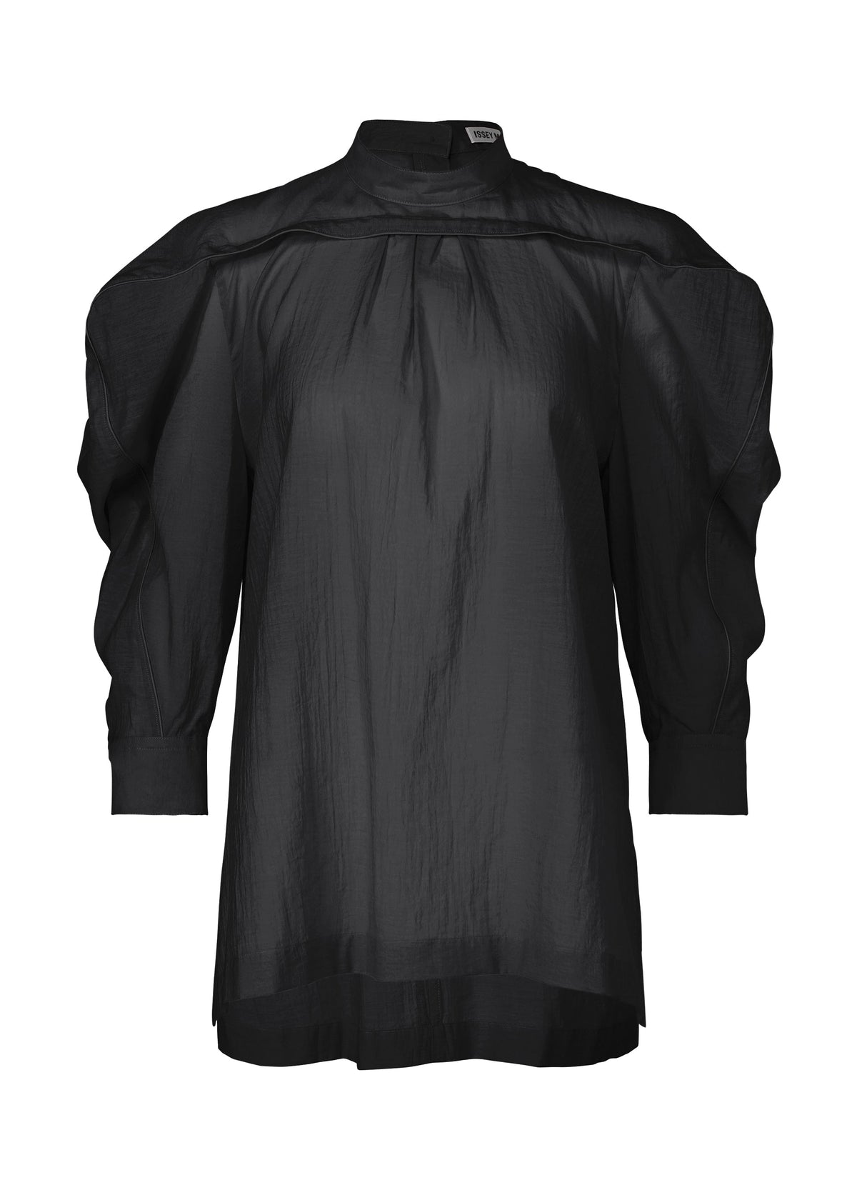 The ISSEY MIYAKE R SHIRT SHEER is a loose-fit black blouse with a high neckline, voluminous puffed long sleeves, gathered shoulders, and a subtle sheen with tissue-like texture, displayed on a plain white background. view 2 of 8