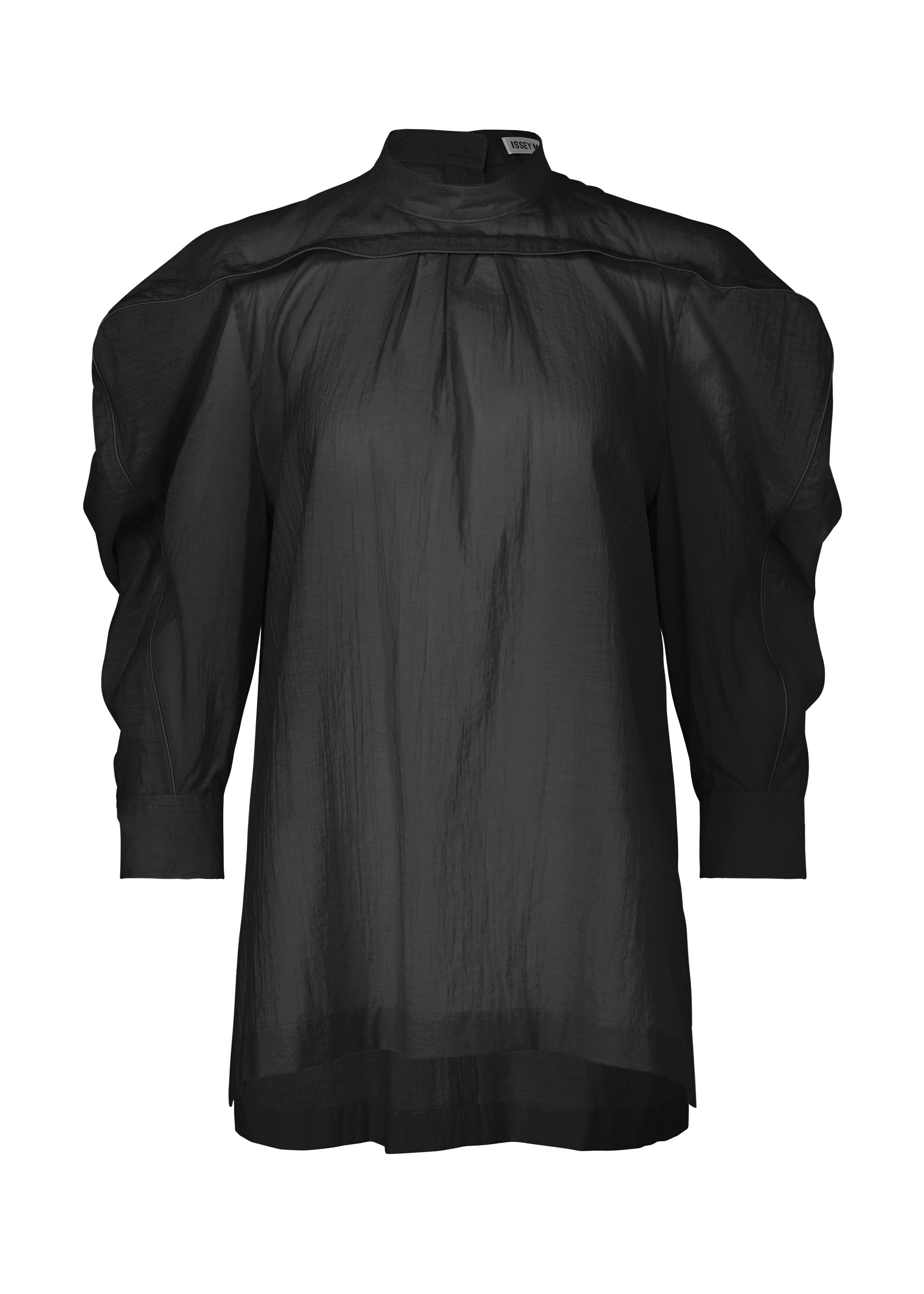 Zoomed view The ISSEY MIYAKE R SHIRT SHEER is a loose-fit black blouse with a high neckline, voluminous puffed long sleeves, gathered shoulders, and a subtle sheen with tissue-like texture, displayed on a plain white background. - BLACK （no.15）