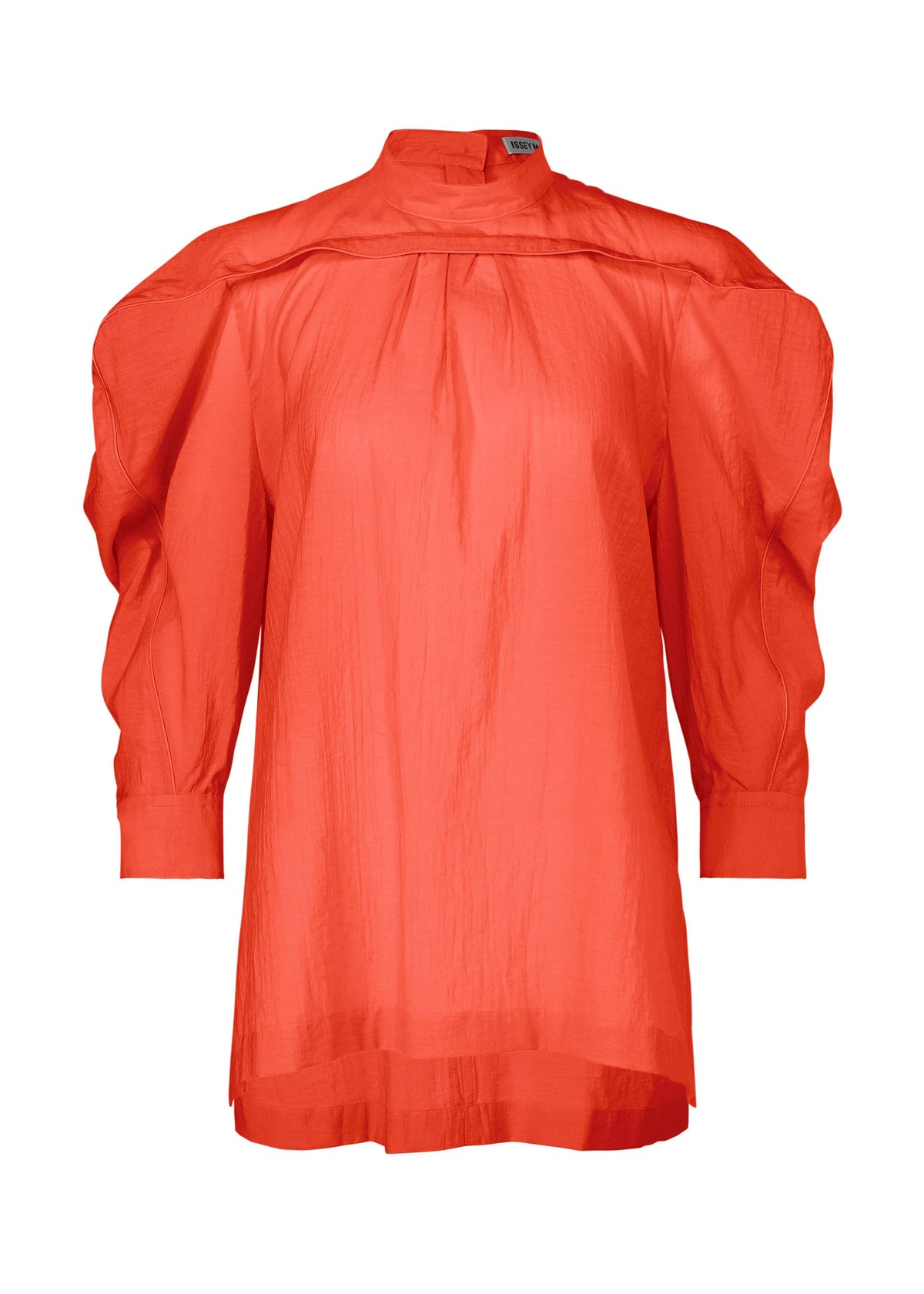 The ISSEY MIYAKE R SHIRT SHEER is a bright red, long-sleeved blouse featuring a standing collar, puffed shoulders, loose fit, and lightweight, slightly sheer fabric with subtle pleating below the collar. view 3 of 8