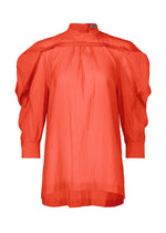 The ISSEY MIYAKE R SHIRT SHEER is a bright red, long-sleeved blouse featuring a standing collar, puffed shoulders, loose fit, and lightweight, slightly sheer fabric with subtle pleating below the collar. - MACAW RED （no.28）
