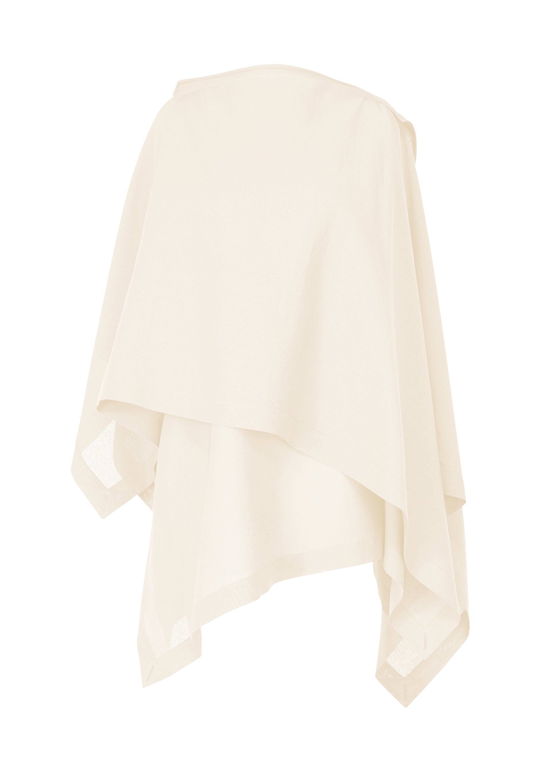 Zoomed view The ALL SQUARES top by ISSEY MIYAKE is cream-colored and sleeveless, featuring asymmetrical draping, layered fabric, and an irregular hemline inspired by Japanese Washi paper. Displayed on a white background. - WHITE (no.01)
