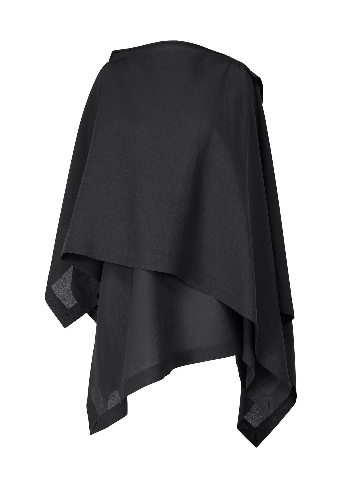 ALL SQUARES by ISSEY MIYAKE is a black, asymmetrical draped top with a loose, flowy fit and uneven hem. Its lightweight fabric recalls the refined texture of Japanese Washi paper, creating a modern, stylish silhouette. view 2 of 8