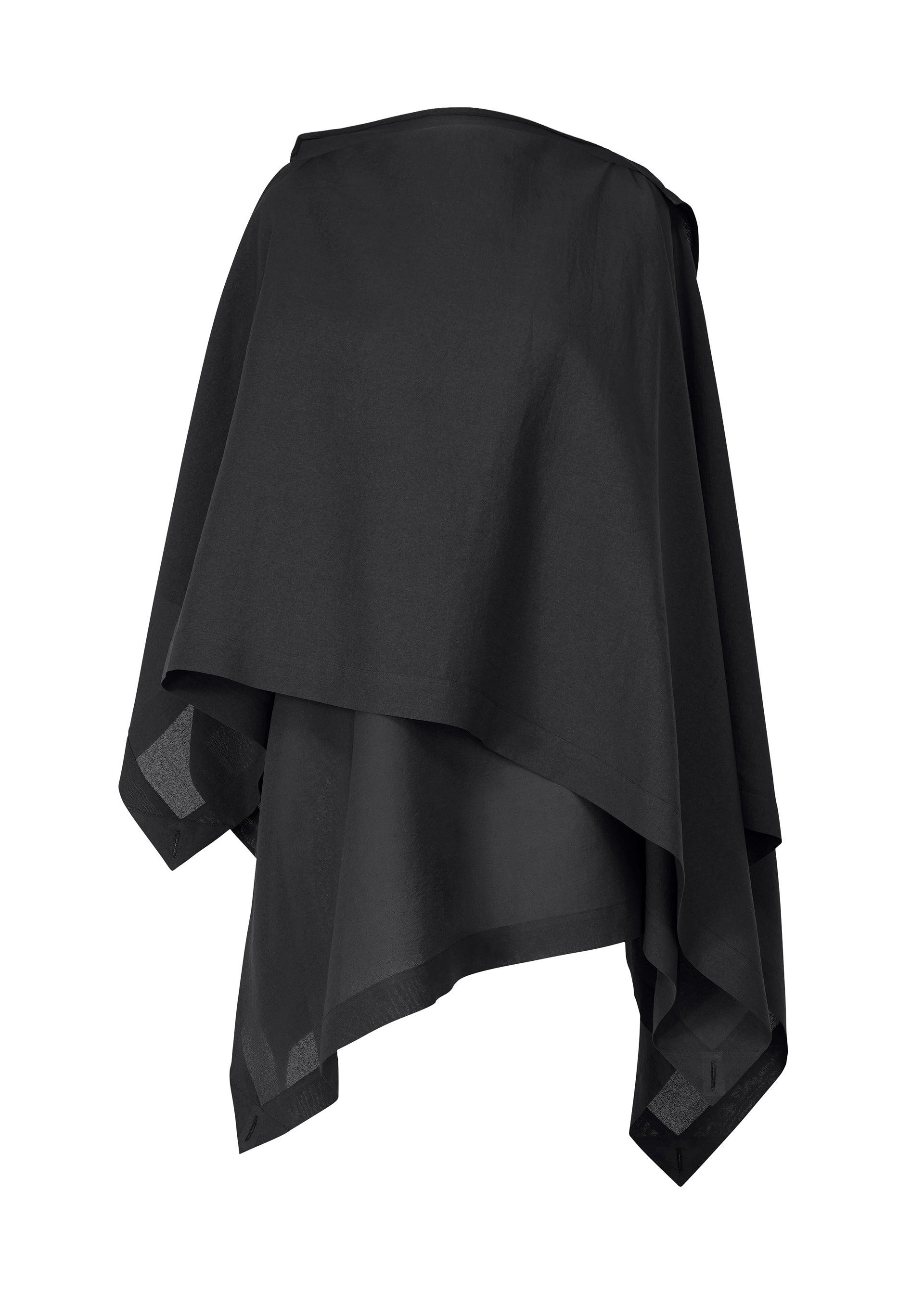 Zoomed view ALL SQUARES by ISSEY MIYAKE is a black, asymmetrical draped top with a loose, flowy fit and uneven hem. Its lightweight fabric recalls the refined texture of Japanese Washi paper, creating a modern, stylish silhouette. - BLACK （no.15）