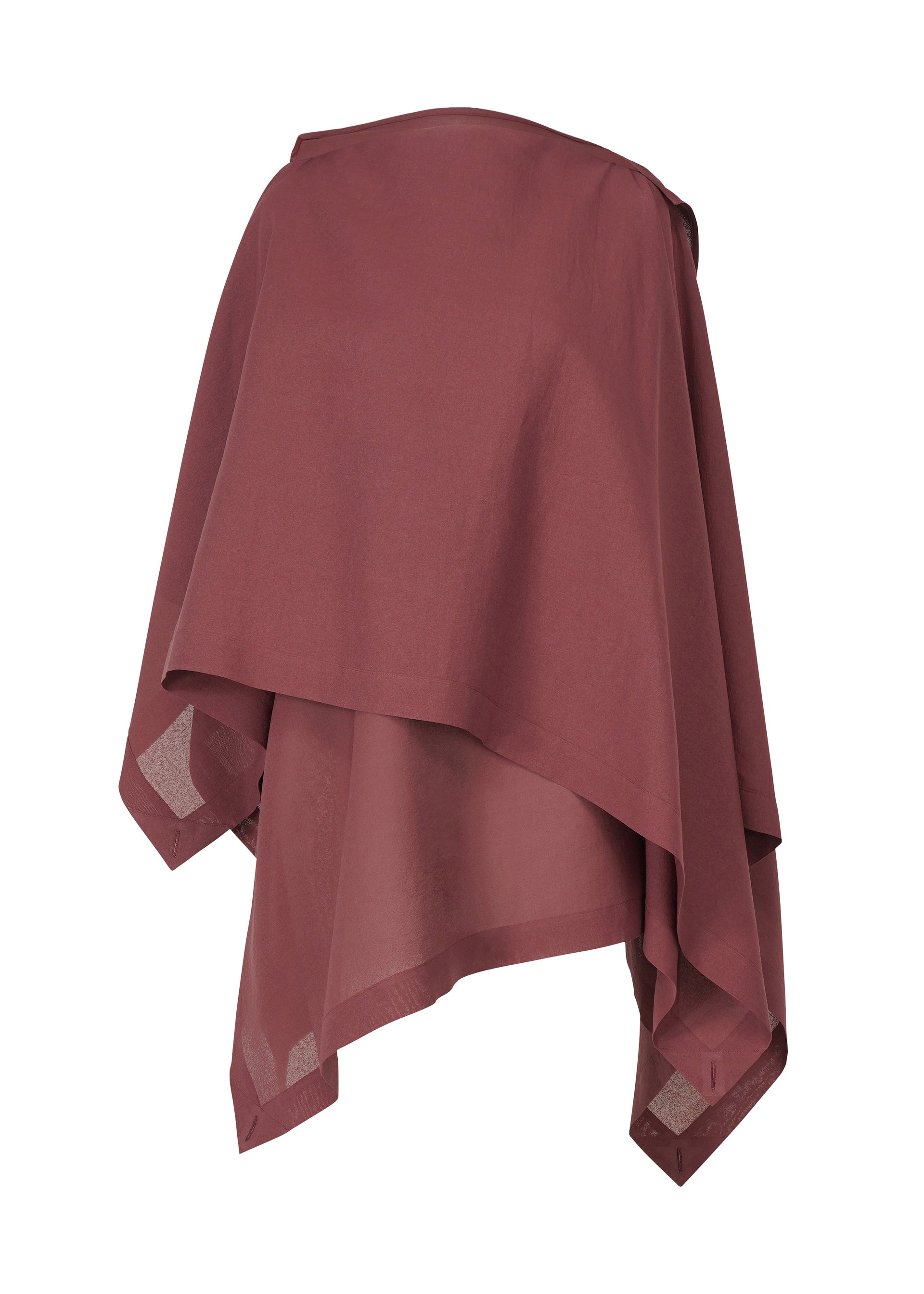 Zoomed view A maroon, asymmetrical poncho with layered fabric and a pointed hem from ISSEY MIYAKE's ALL SQUARES collection, shown on a plain white background. - BURGUNDY (no.85)