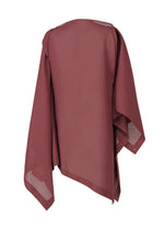 A flowy, sheer maroon ISSEY MIYAKE ALL SQUARES shawl or poncho with wide, loose sleeves is draped like a sophisticated top and photographed from the back against a white background.