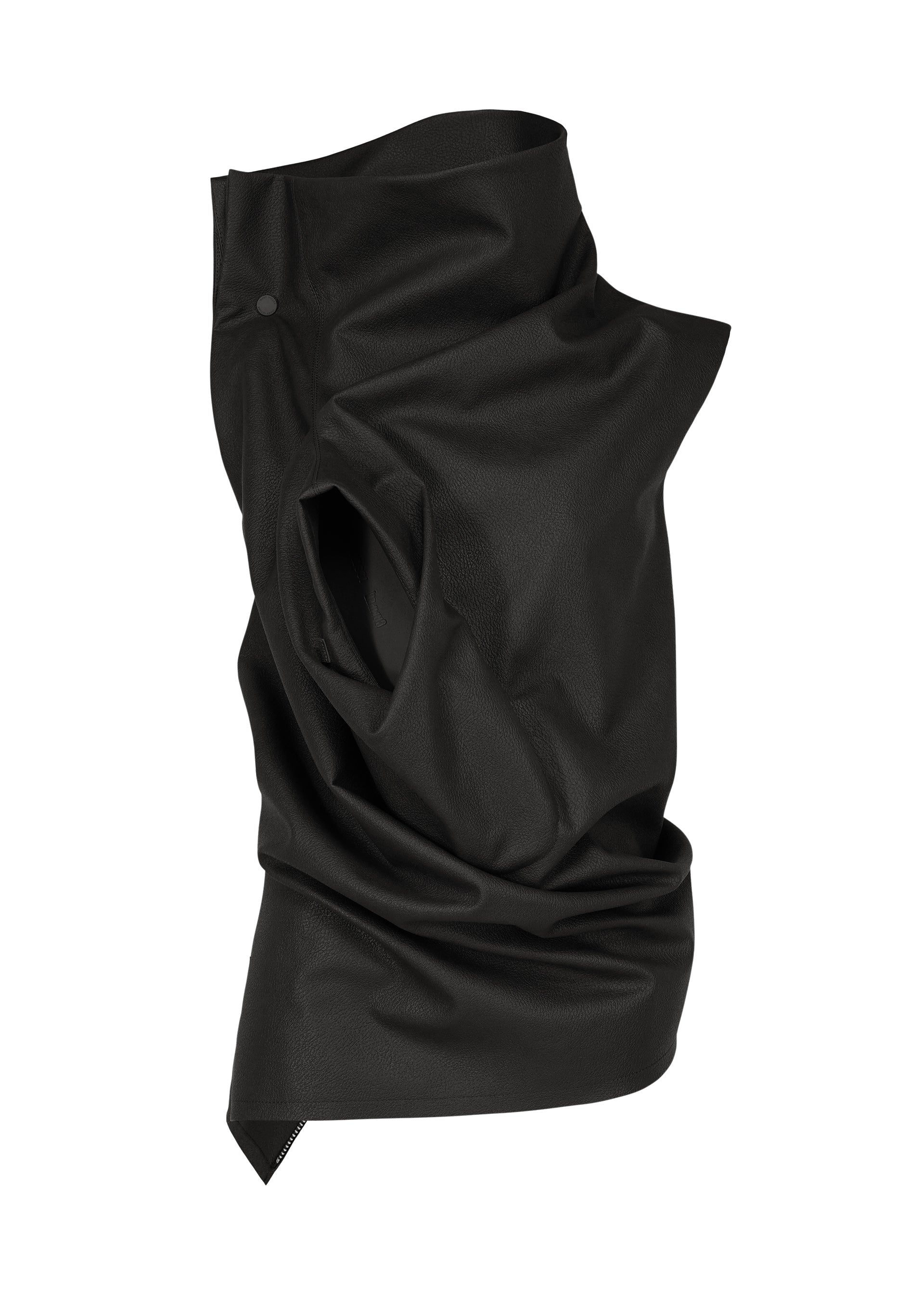 Zoomed view A draped piece of black, silky fabric with abstract folds against a white background evokes the sleek lines of the ISSEY MIYAKE PEU FORM³ top. - BLACK (no.15)