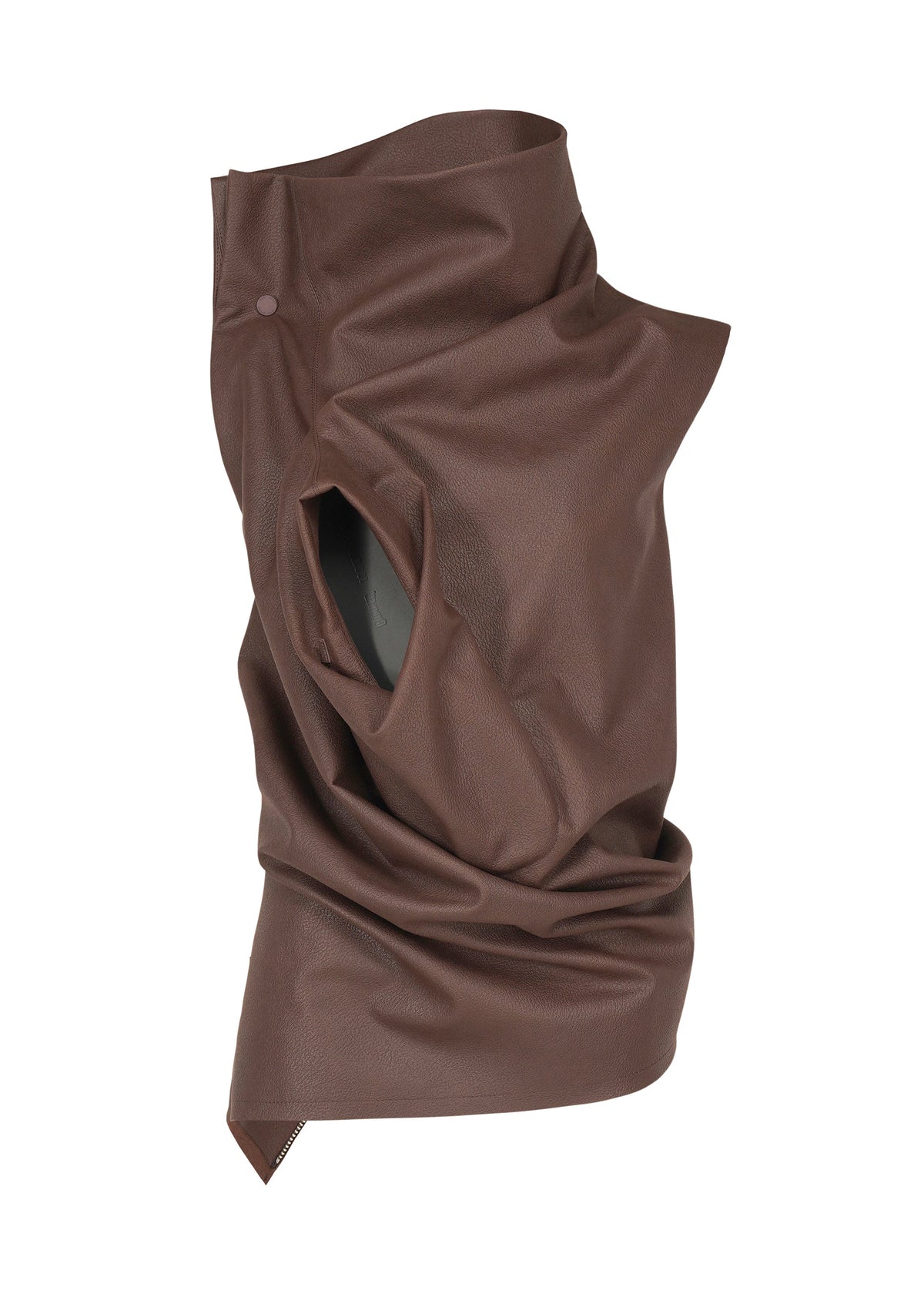 A piece of brown, textured artificial leather top is draped in an abstract, sculptural form with a circular cutout near the center—reflecting the PEU FORM³ design by ISSEY MIYAKE. view 1 of 7