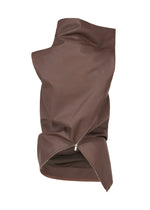 The PEU FORM³ by ISSEY MIYAKE is a brown, asymmetrical artificial leather top featuring a diagonal zipper for a draped, structured look, presented on a white background.