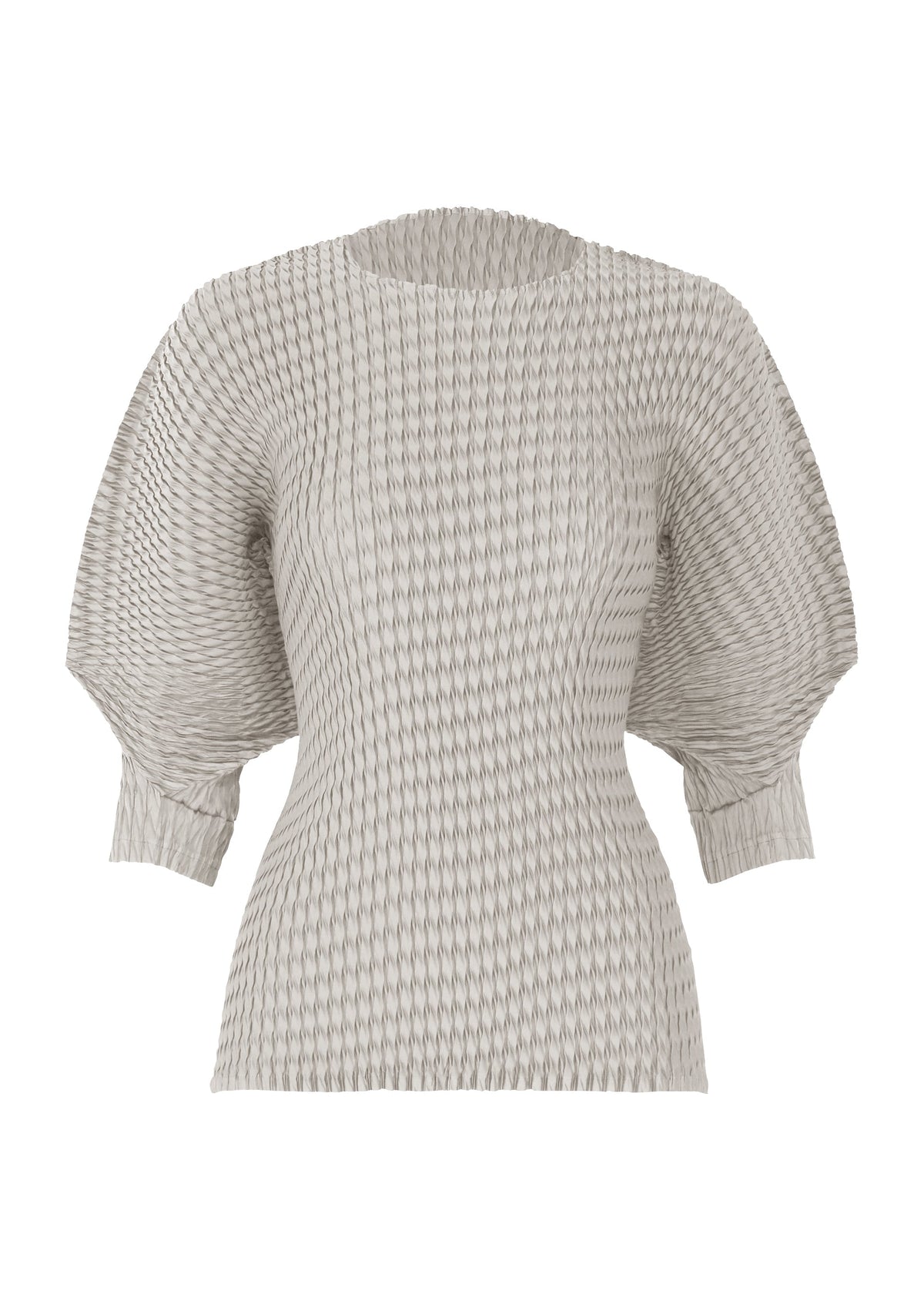The SLEEK PLEATS top by ISSEY MIYAKE is a light gray, round-neck, short-sleeved piece with voluminous half-length puff sleeves, a fitted waist, and textured knit featuring a subtle repeating diamond-like pattern. view 1 of 7