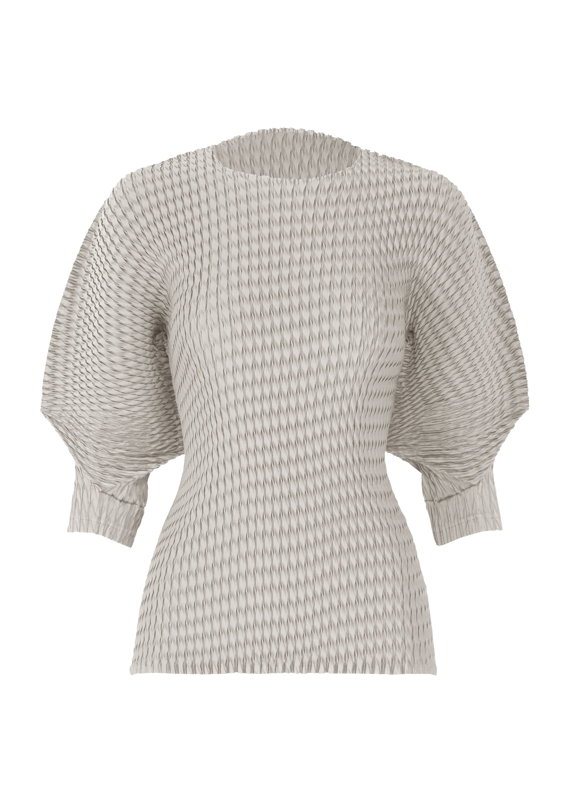 Zoomed view The SLEEK PLEATS top by ISSEY MIYAKE is a light gray, round-neck, short-sleeved piece with voluminous half-length puff sleeves, a fitted waist, and textured knit featuring a subtle repeating diamond-like pattern. - LIGHT GRAY （no.11）