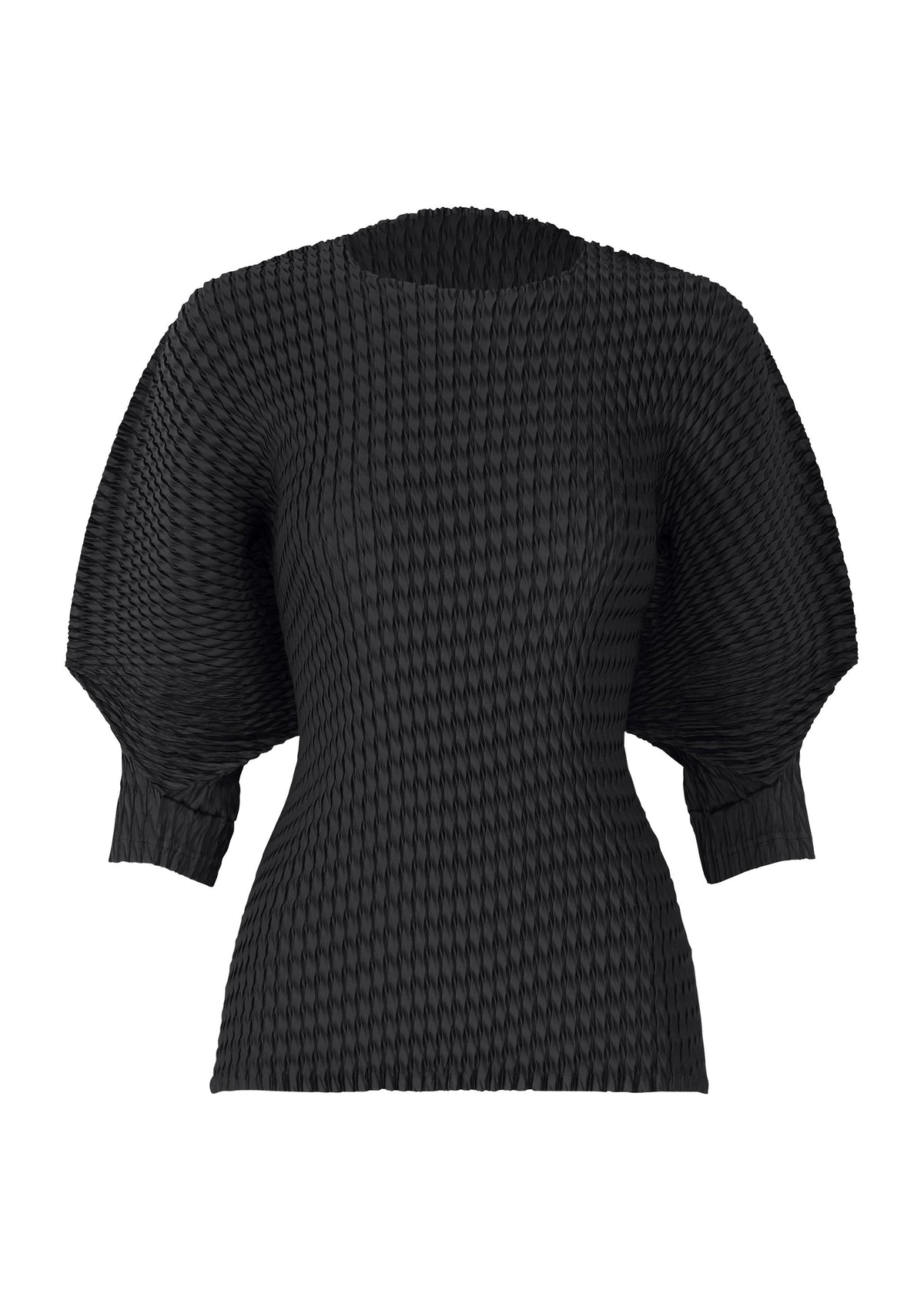The ISSEY MIYAKE SLEEK PLEATS blouse features glossy black polyester, a fitted waist, round neckline, and voluminous three-quarter sleeves. Its repeating geometric texture adds a sculptural elegance to this standout piece. view 2 of 7