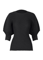 The ISSEY MIYAKE SLEEK PLEATS blouse features glossy black polyester, a fitted waist, round neckline, and voluminous three-quarter sleeves. Its repeating geometric texture adds a sculptural elegance to this standout piece. - BLACK （no.15）