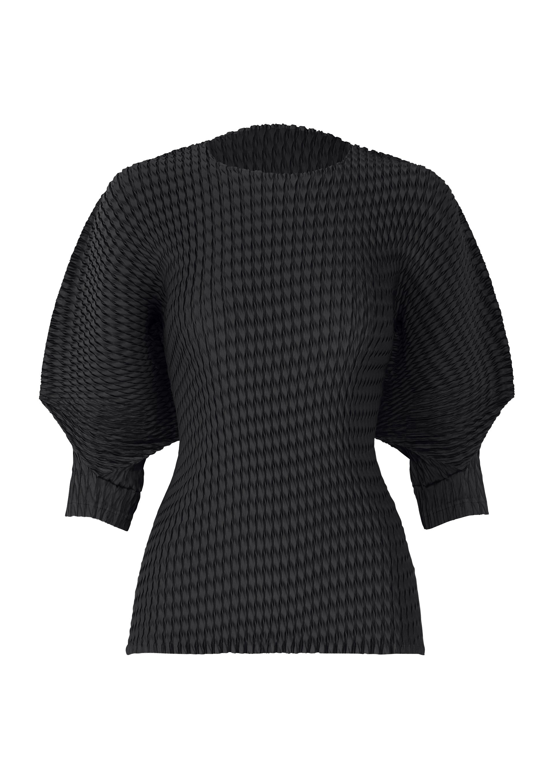 Zoomed view The ISSEY MIYAKE SLEEK PLEATS blouse features glossy black polyester, a fitted waist, round neckline, and voluminous three-quarter sleeves. Its repeating geometric texture adds a sculptural elegance to this standout piece. - BLACK （no.15）